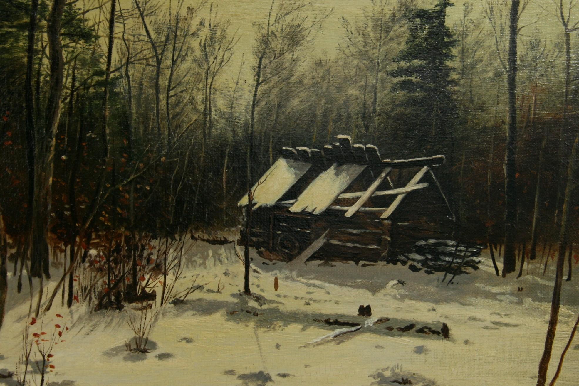 Antikes amerikanisches Ölgemälde Landschaftsgemälde, „Abandoned Cabin“, ca. 194o's (Braun), Landscape Painting, von Unknown