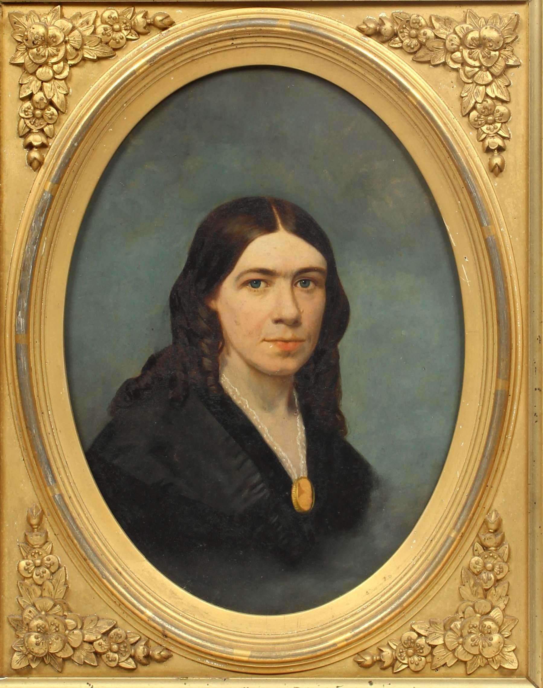 Ancienne peinture à l'huile américaine, portrait à l'huile de jeune femme, cadre d'époque collier, rare - Painting de Unknown