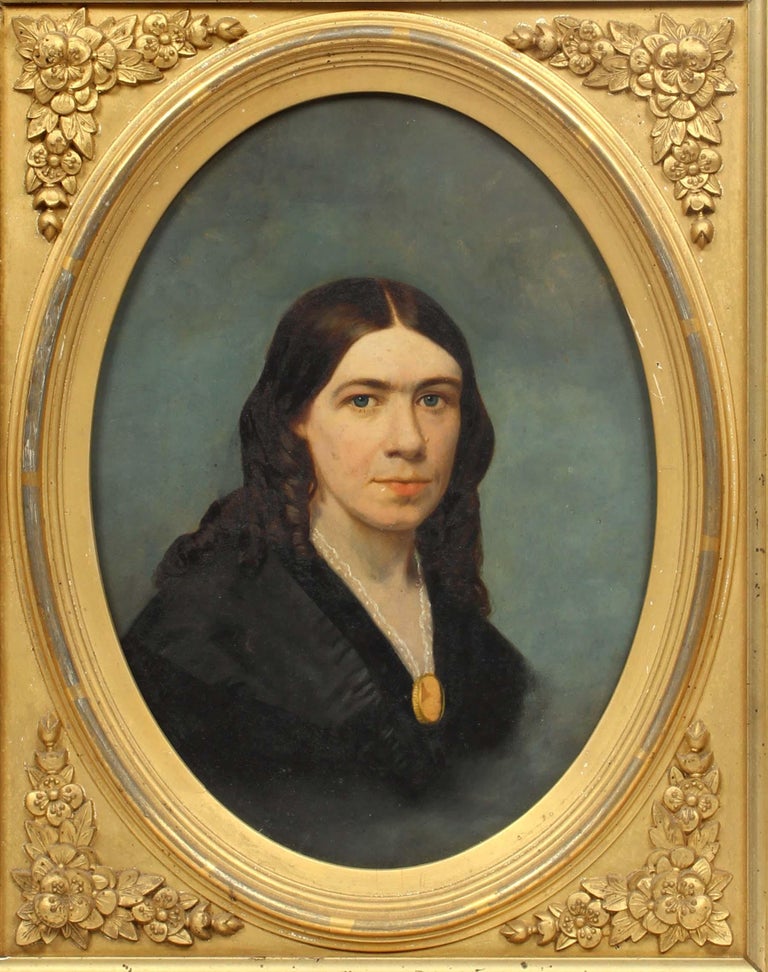 Antique American Oil Painting Portrait Young Woman Necklace Period Frame Rare - Brown Portrait Painting by Unknown