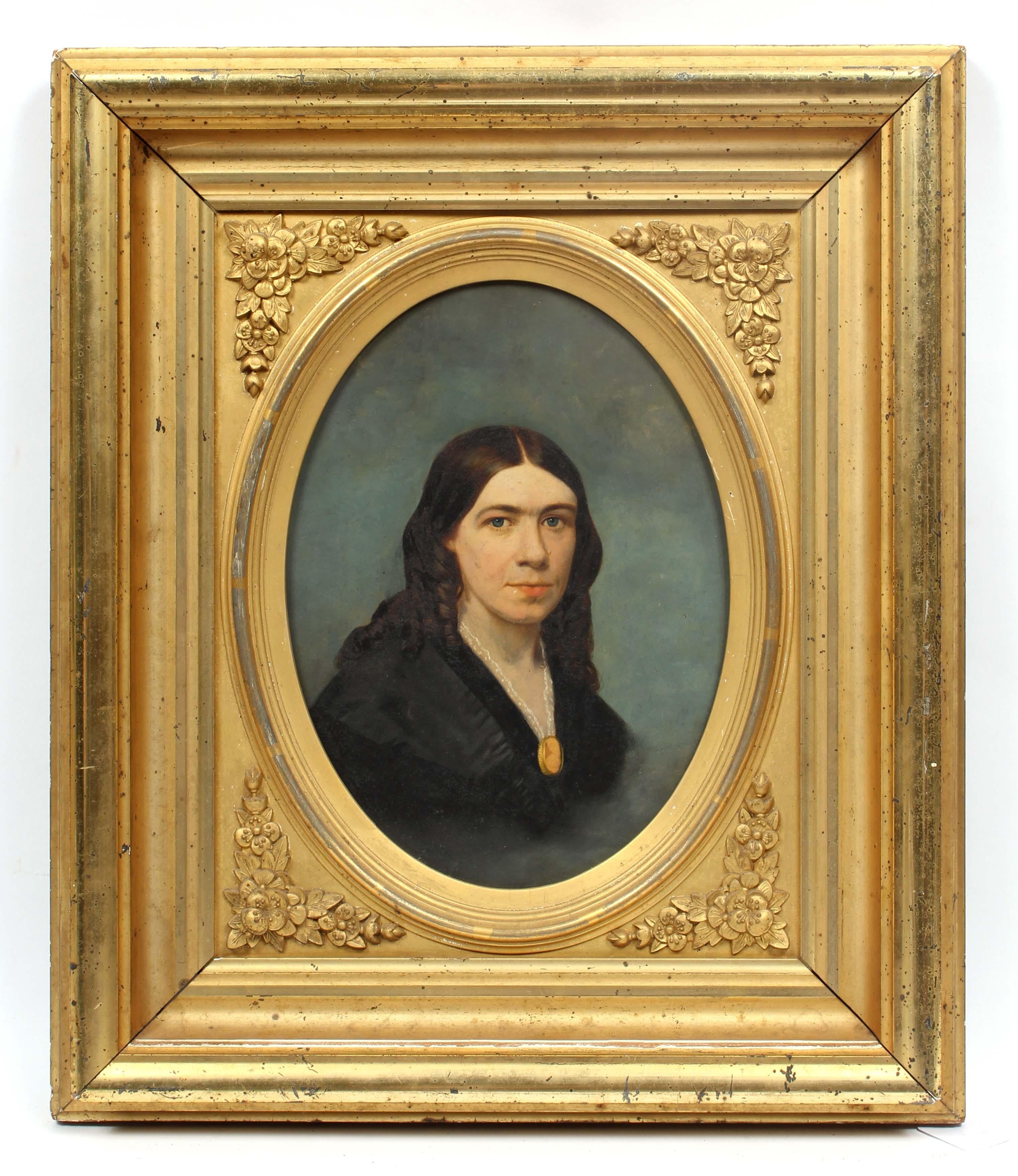 Unknown Portrait Painting - Antique American Oil Painting Portrait Young Woman Necklace Period Frame Rare