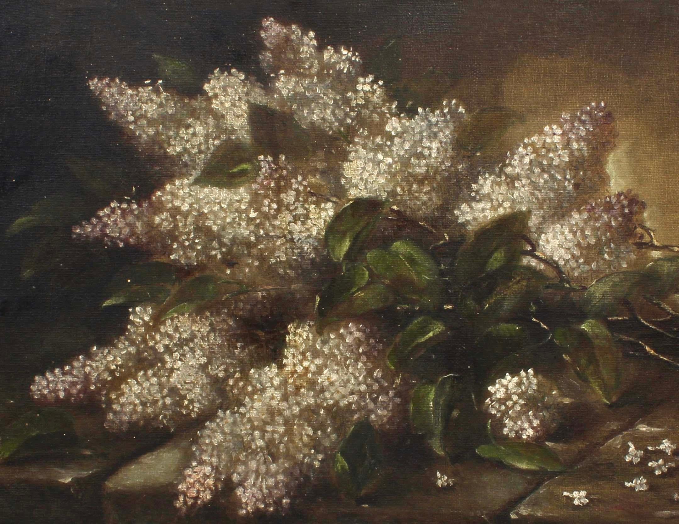 Pintura al óleo americana antigua Naturaleza muerta Lilas Marco dorado 1912 Signo de misterio - Painting de Unknown