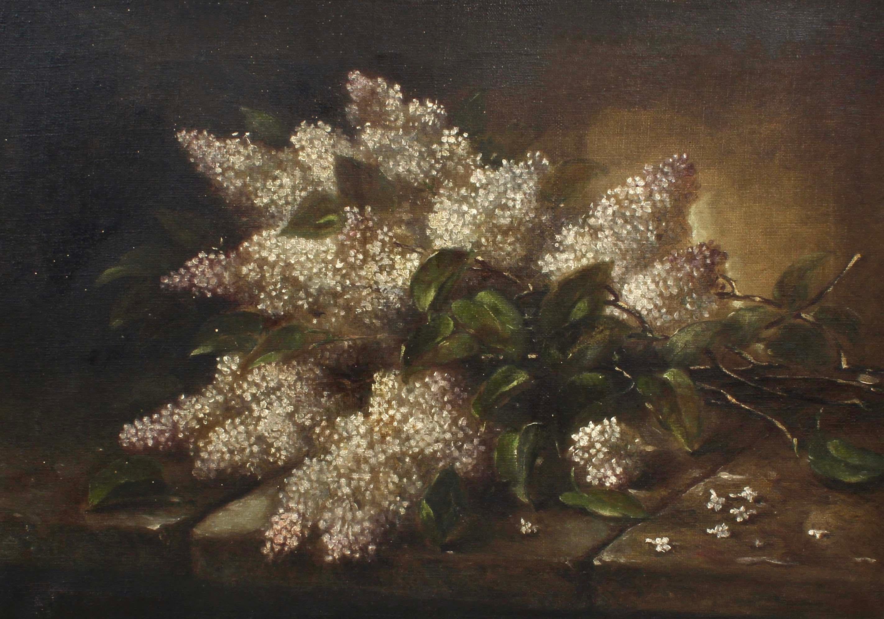 Pintura al óleo americana antigua Naturaleza muerta Lilas Marco dorado 1912 Signo de misterio - Painting realista estadounidense de Unknown