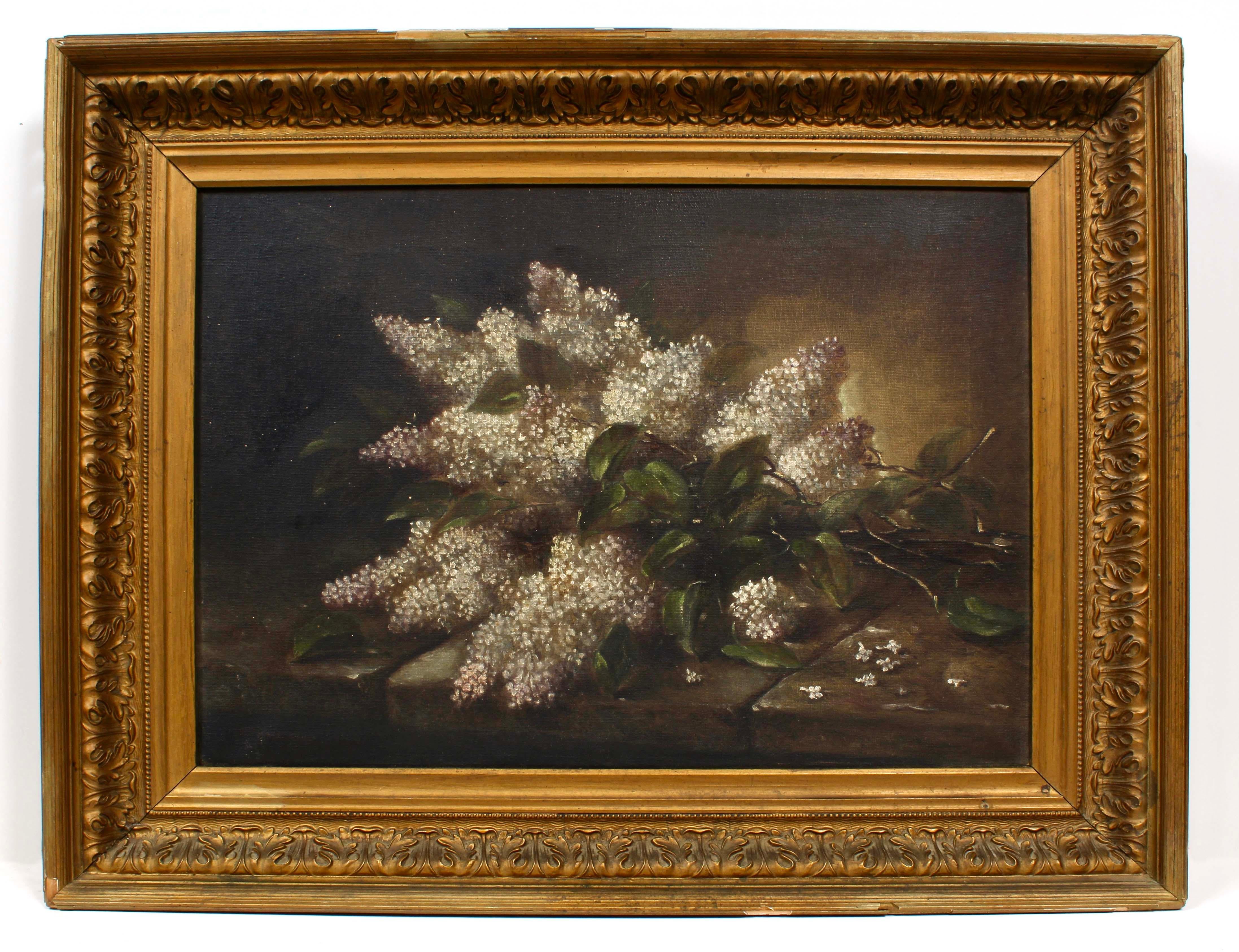 Pintura al óleo americana antigua Naturaleza muerta Lilas Marco dorado 1912 Signo de misterio - Still-Life Painting Marrón de Unknown