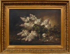 Pintura al óleo americana antigua Naturaleza muerta Lilas Marco dorado 1912 Signo de misterio