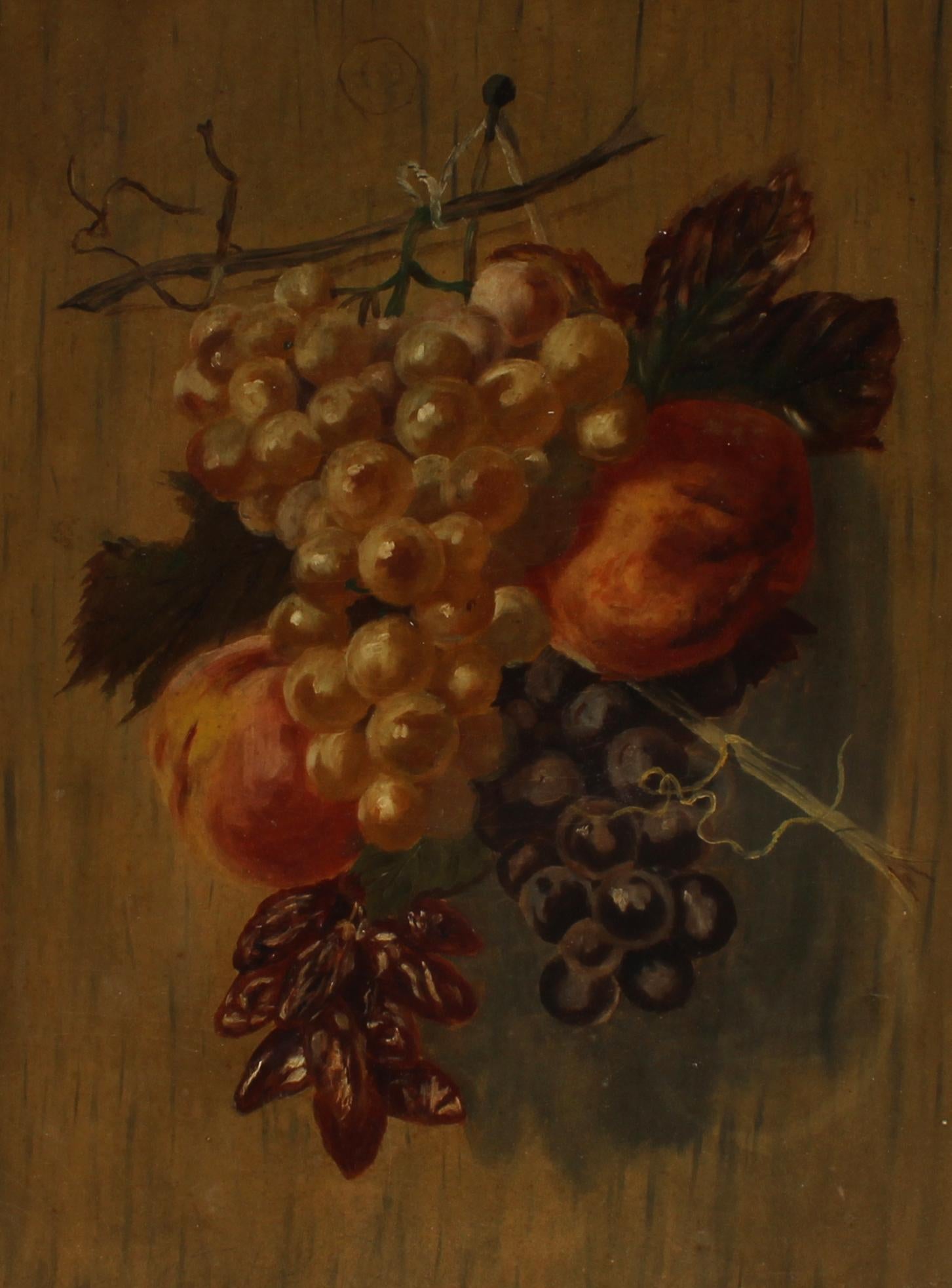 Antique American still life oil painting of hanging fruit and grapes. Oil on board. Framed