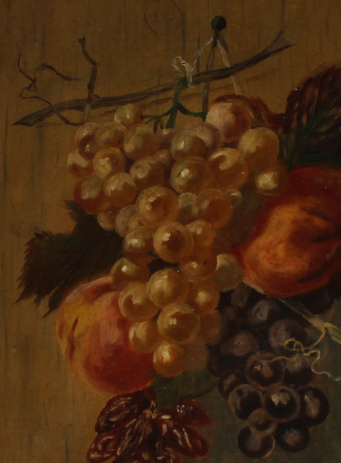 Antique American Oil Painting Still Life of Hanging Fruit and Grapes For Sale 1