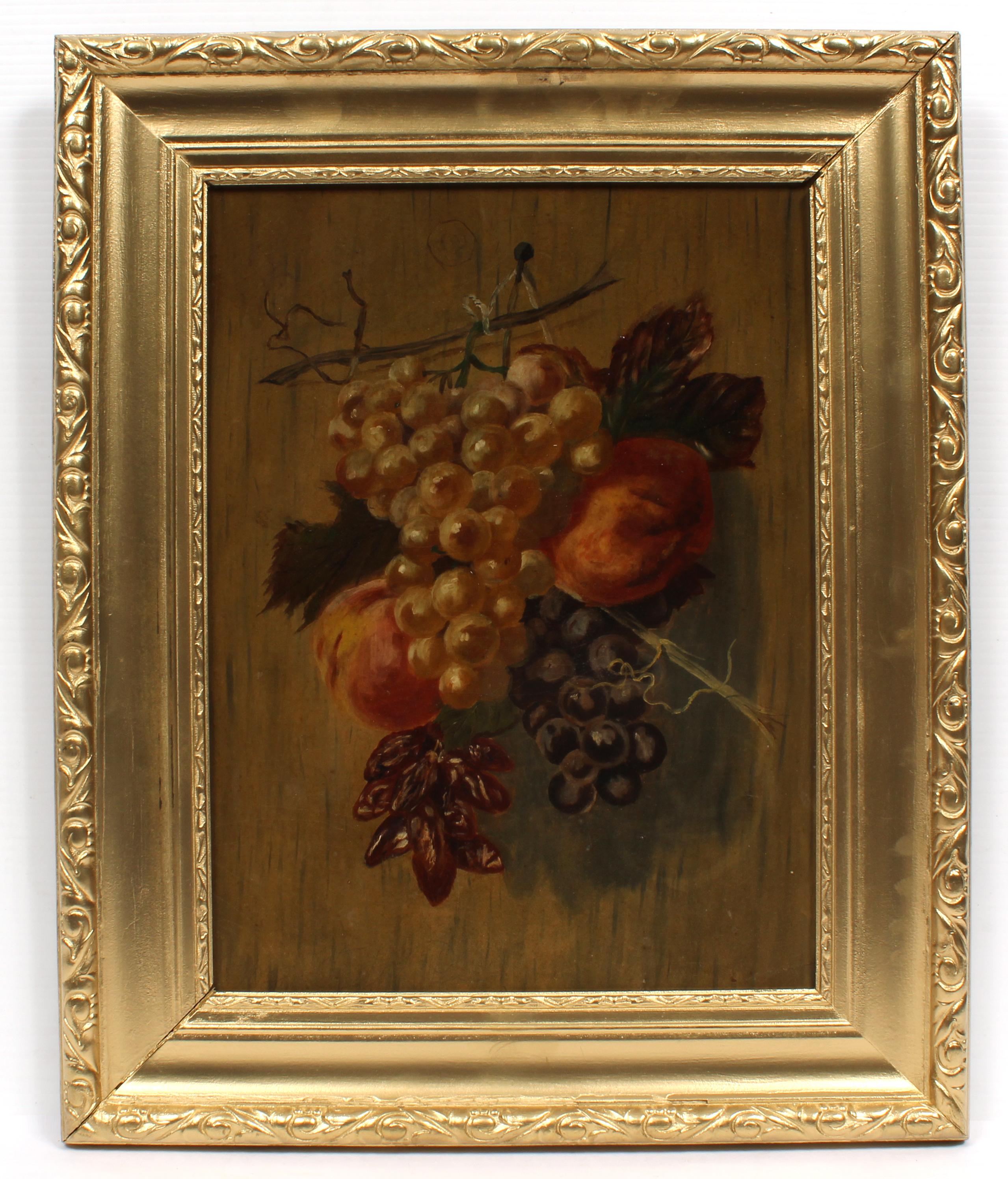 Unknown Still-Life Painting - Antique American Oil Painting Still Life of Hanging Fruit and Grapes