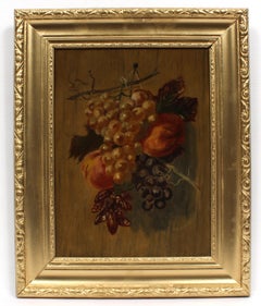 Antique American Oil Painting Still Life of Hanging Fruit and Grapes
