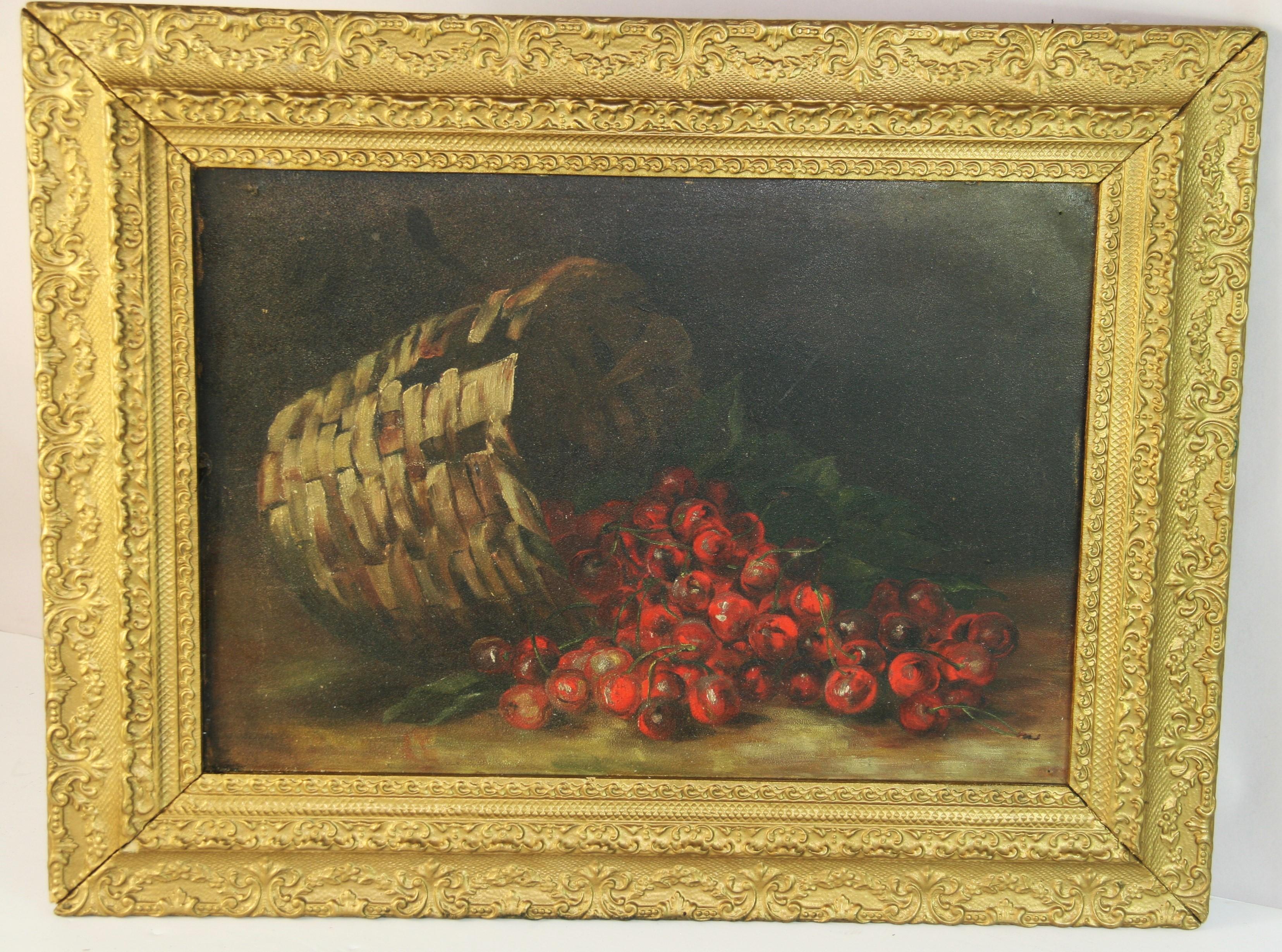 Antique American Oil Painting Strawberries in a Basket Late 19th C - Brown Interior Painting by Unknown