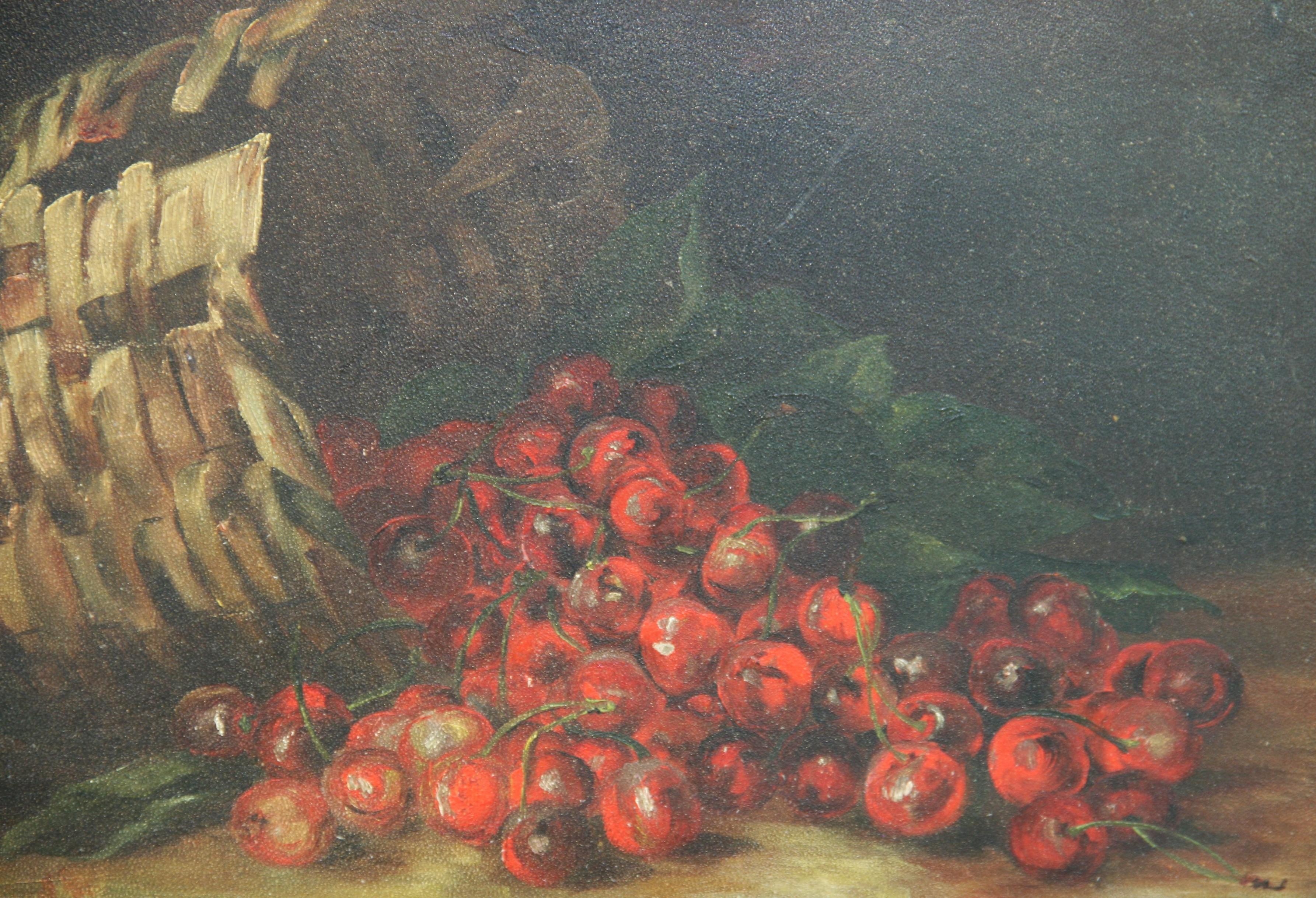 5158 Antique American oil painting straberries in a basket interior scene
Late 19th century