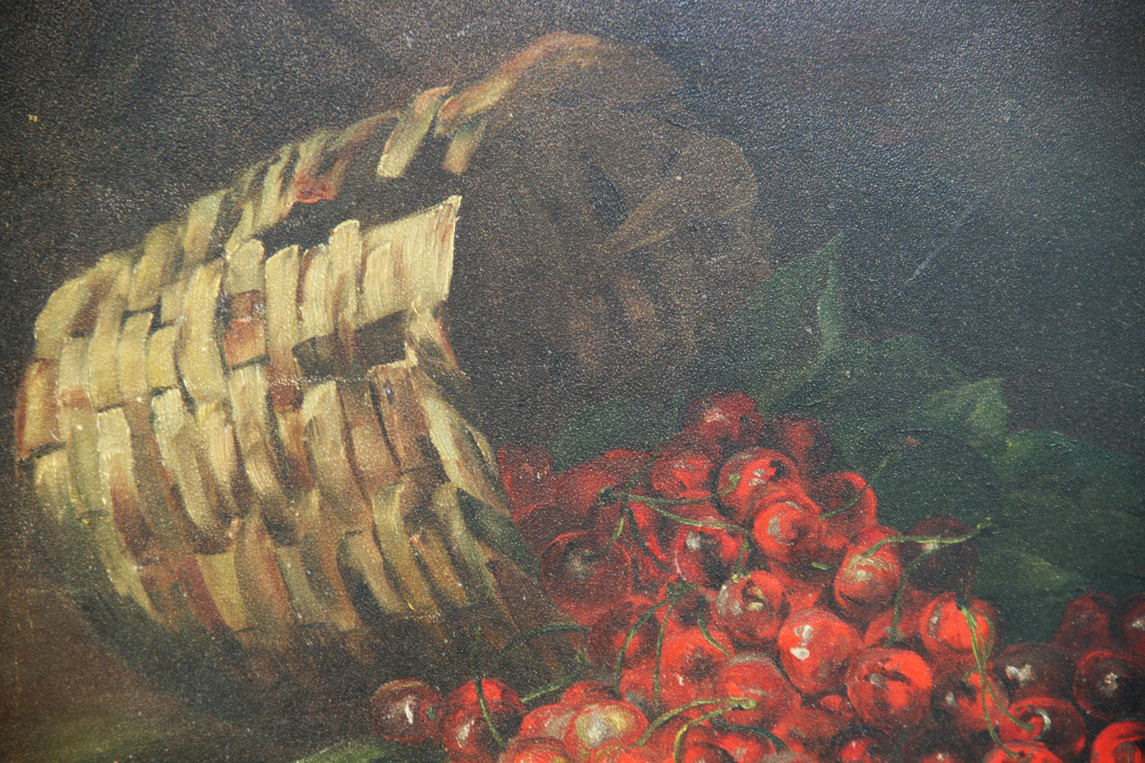 Antique American Oil Painting Strawberries in a Basket Late 19th C For Sale 1
