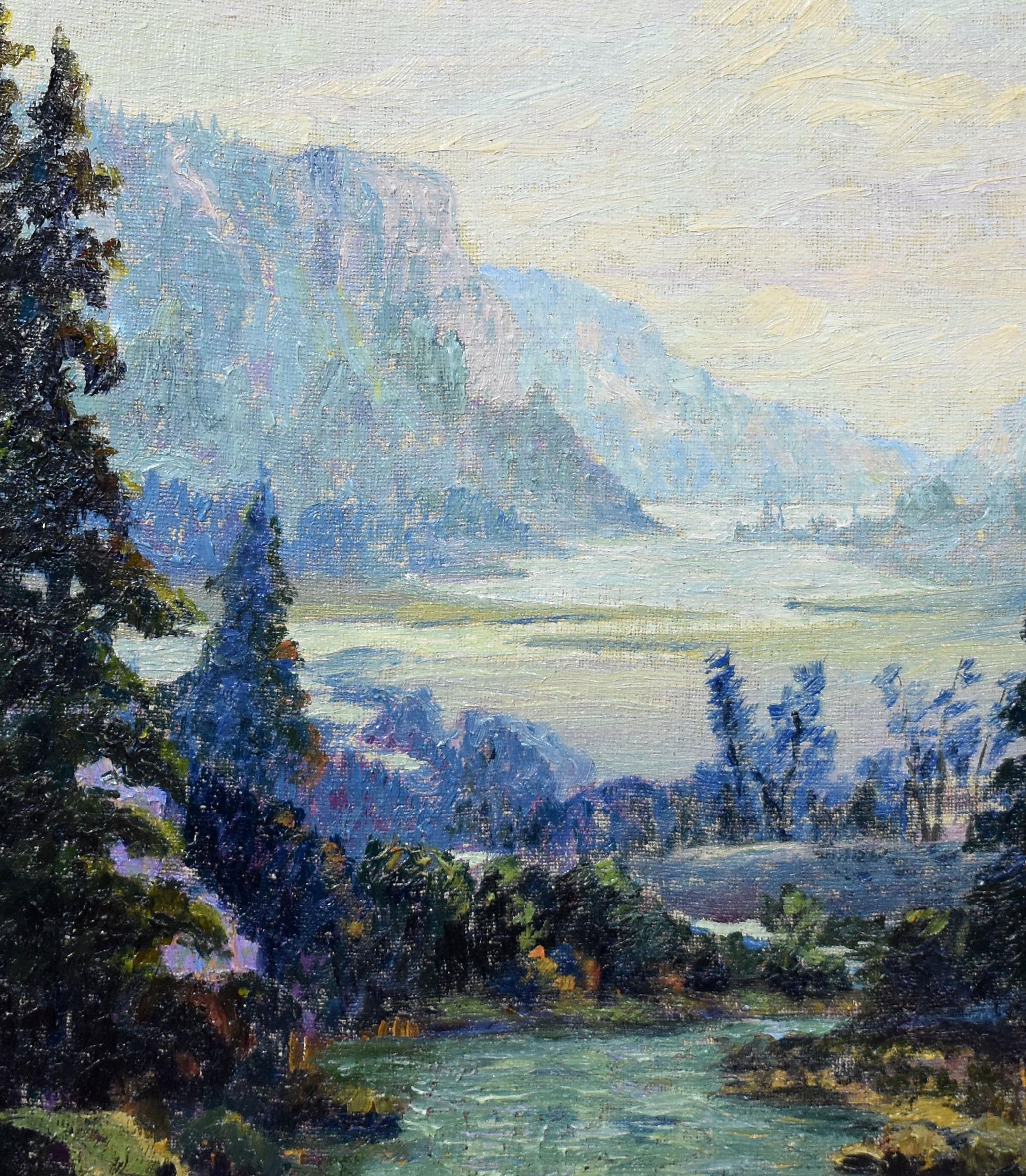 Antique American impressionist painting of a western landscape.  Oil on board, circa 1935. Signed.  Displayed in an impressionist frame. Image size, 12