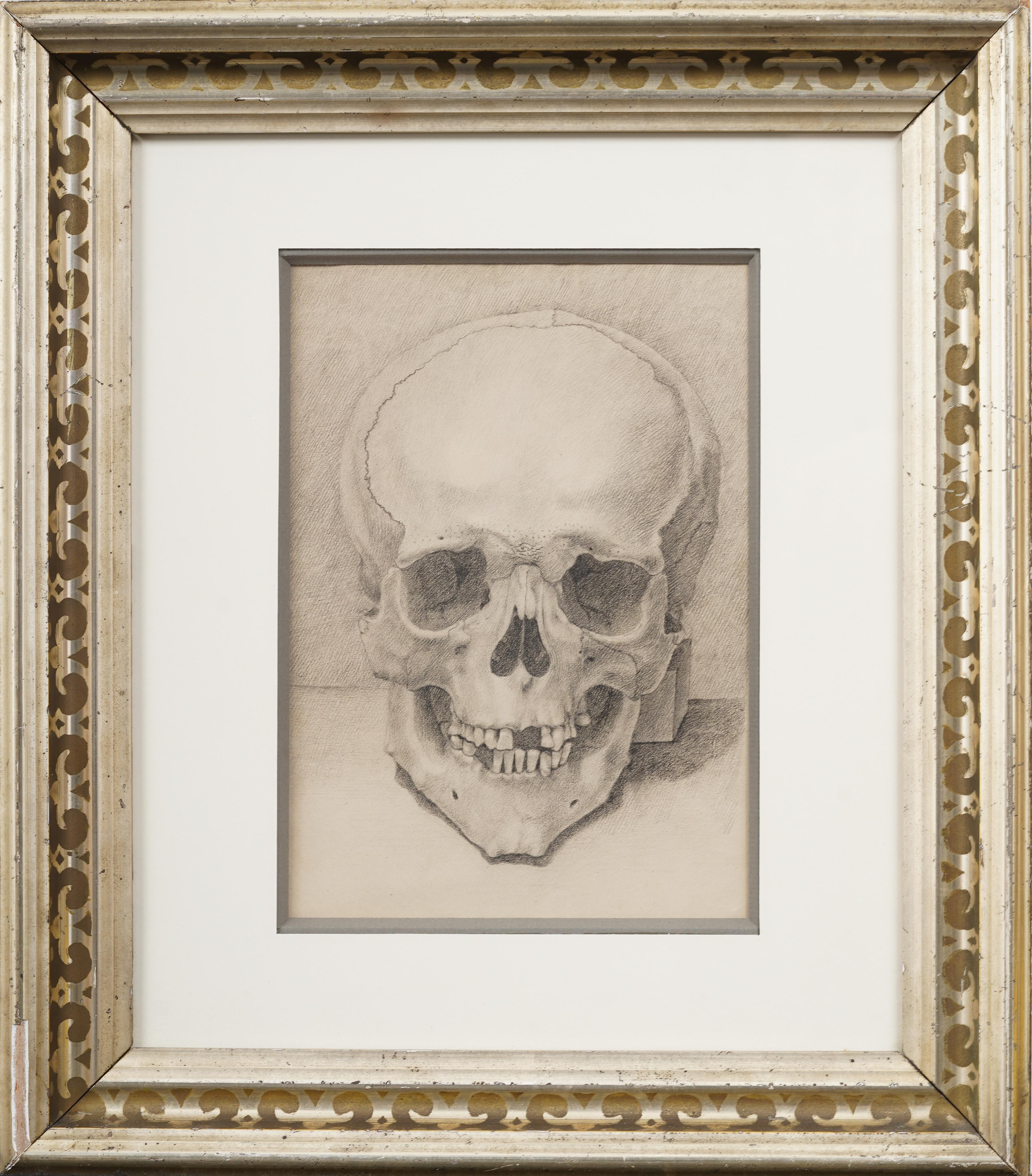 Antique American or European Trompe L'oeil Realist Macabre Skull Framed Drawing - Painting by Unknown
