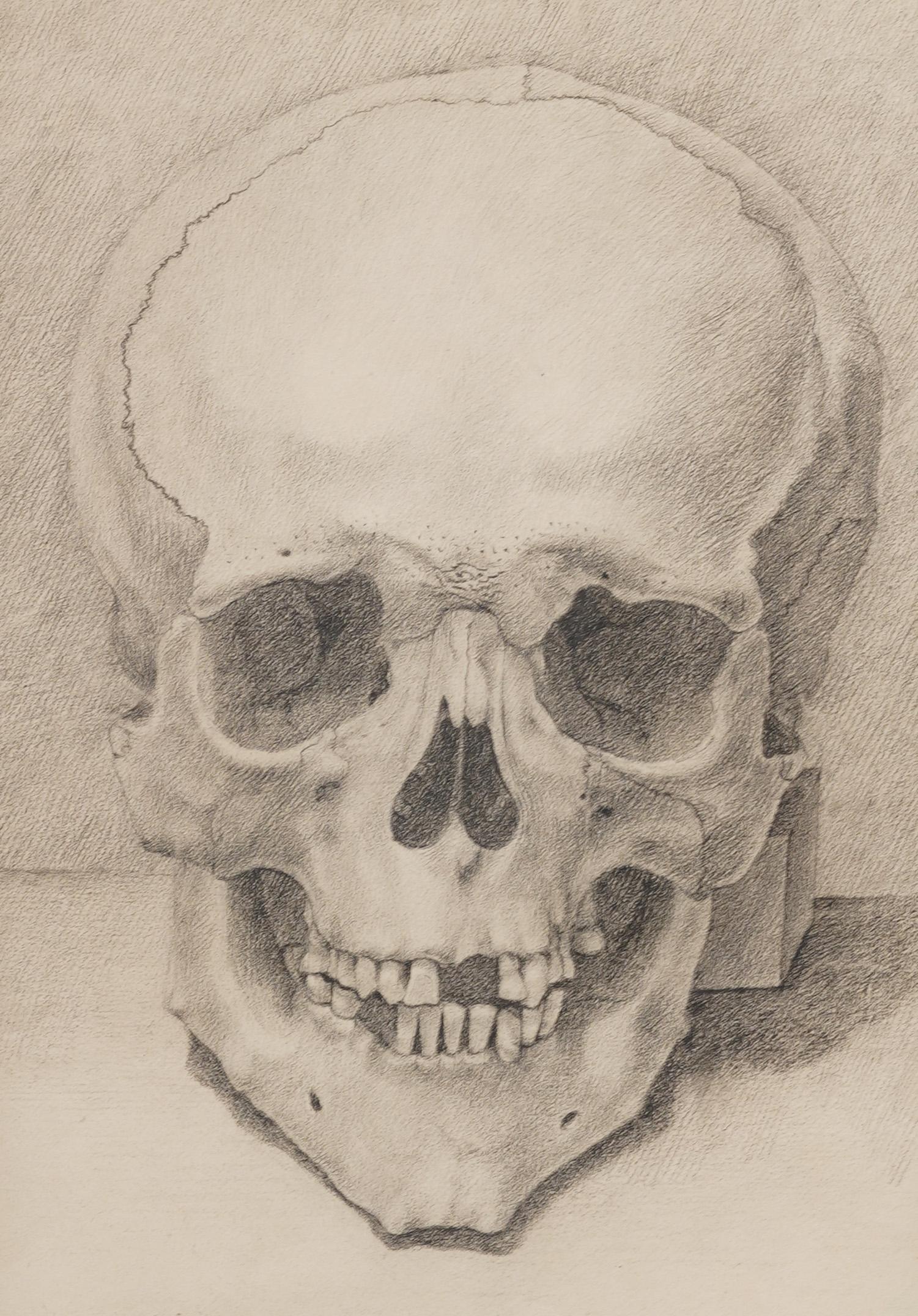 Antique American or European realist skeleton still life drawing.   In excellent original condition. Handsomely framed in a  silver leaf molding.  Excellent condition, ready to hang and enjoy. 