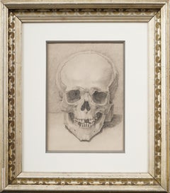 Antique American or European Trompe L'oeil Realist Macabre Skull Framed Drawing