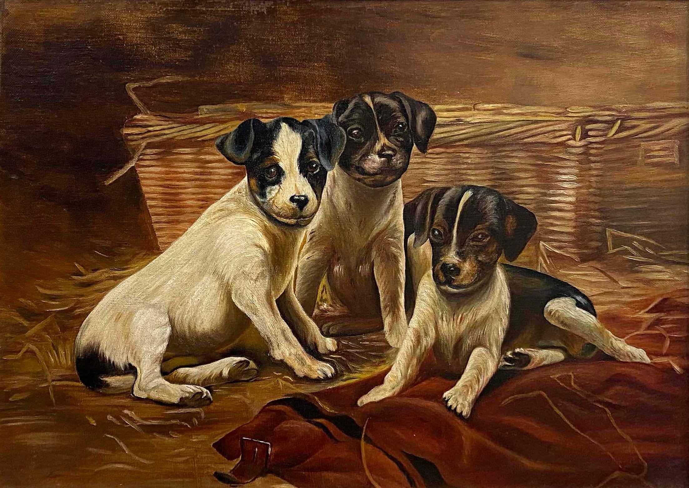Antique American Original oil painting terrier puppies interior Gold frame  - Painting by Unknown