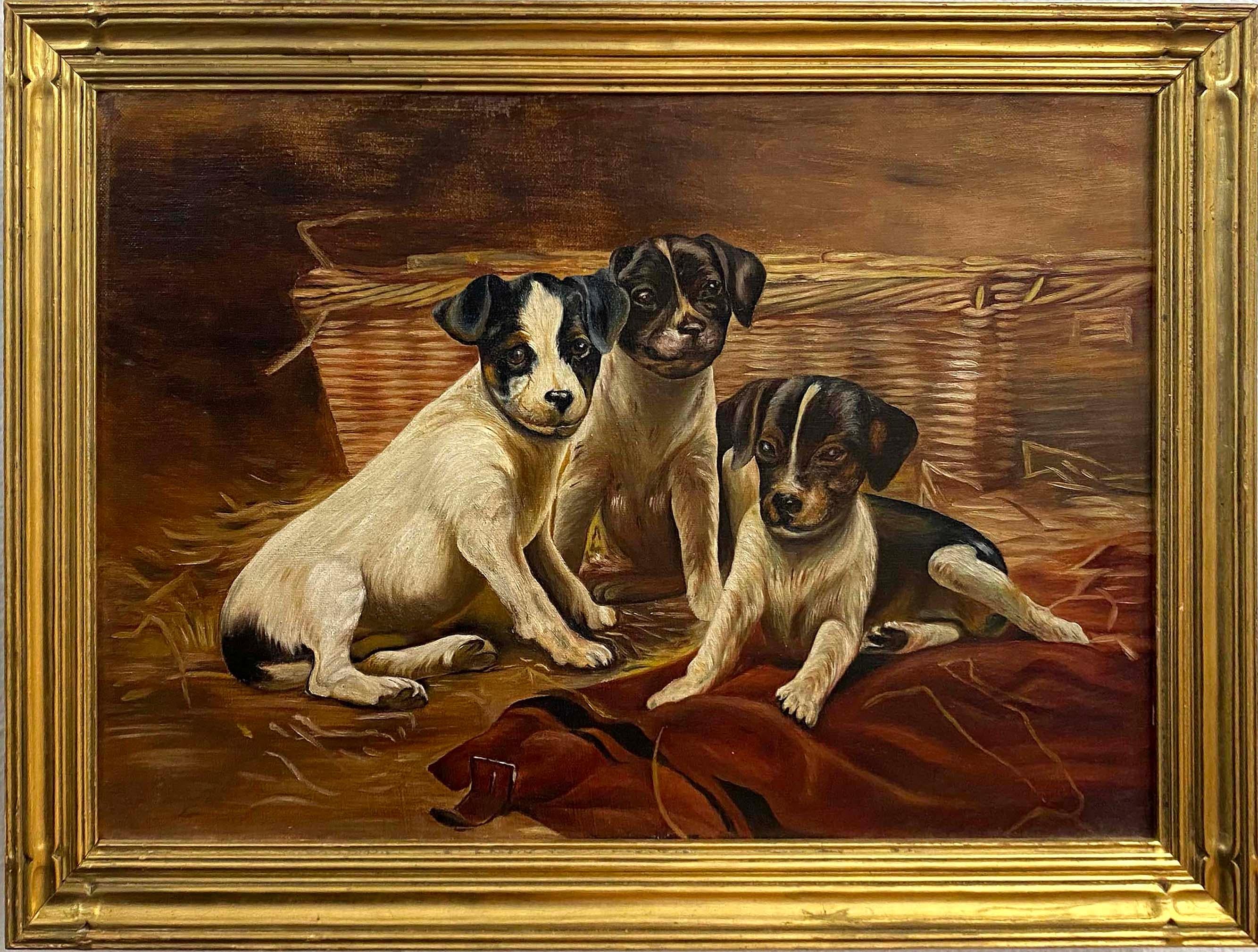Unknown Animal Painting - Antique American Original oil painting terrier puppies interior Gold frame 