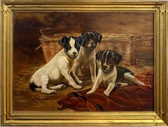 Vintage American Original oil painting terrier puppies interior Gold frame 