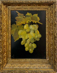 Peinture américaine ancienne rare encadrée de raisins verts, nature morte encadrée d'or, XIXe siècle
