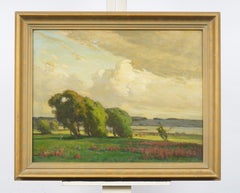 Antique American Panoramic Cloudscape Cows Grazing Bucolic Landscape Painting