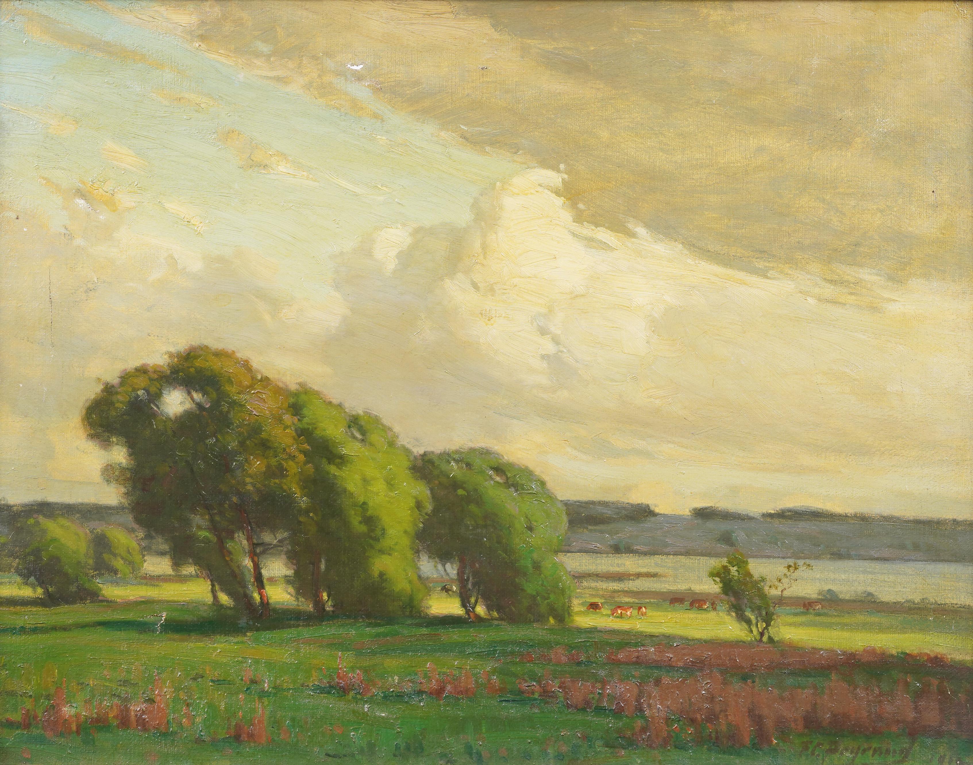 Antique American Panoramic Cloudscape Cows Grazing Bucolic Landscape Painting For Sale 2