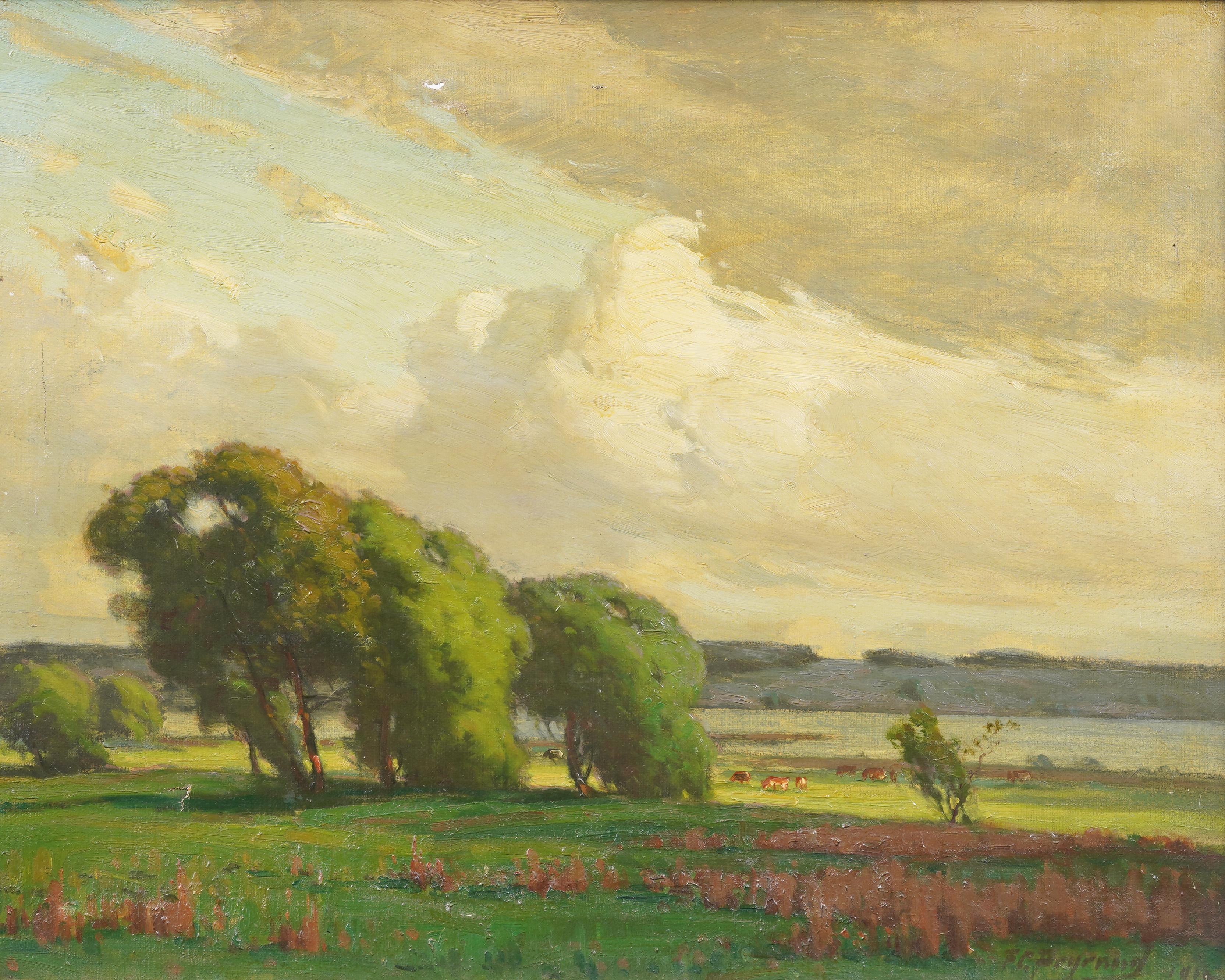 Antique American Panoramic Cloudscape Cows Grazing Bucolic Landscape Painting For Sale 3