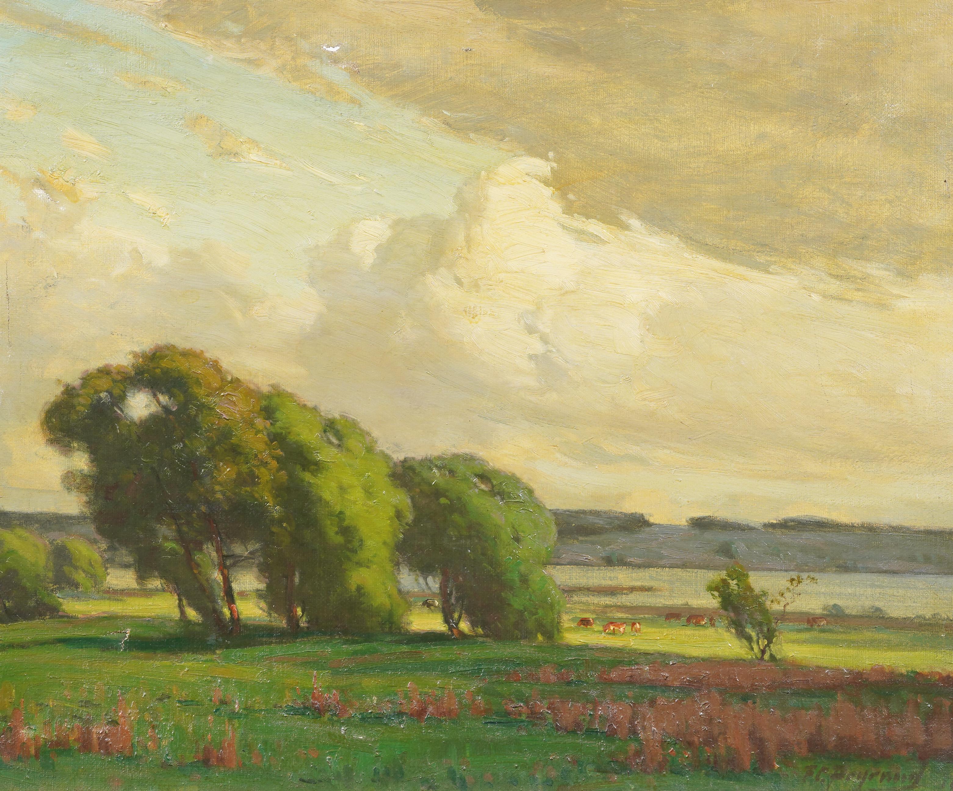 Antique American Panoramic Cloudscape Cows Grazing Bucolic Landscape Painting For Sale 4