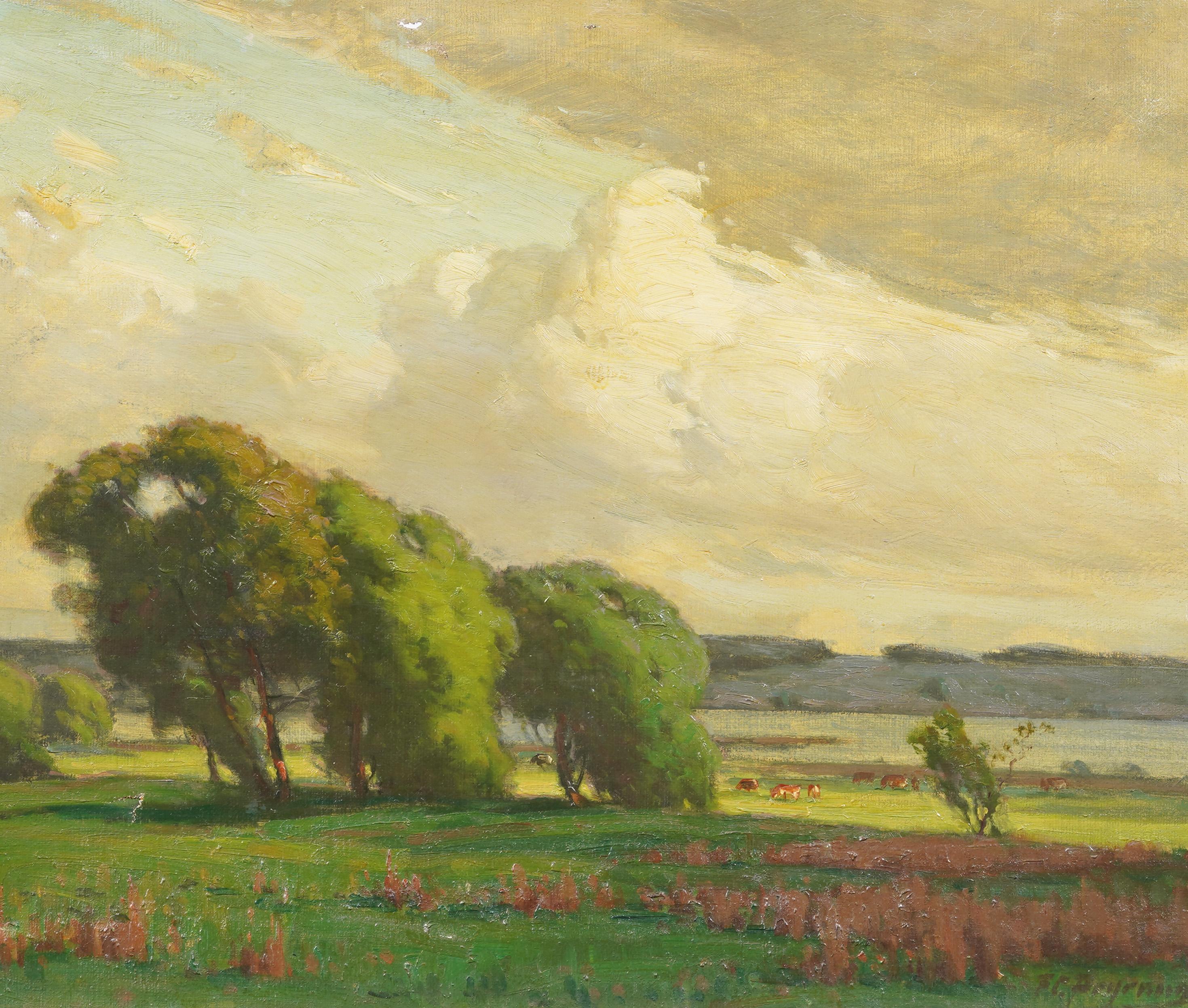 Antique American Panoramic Cloudscape Cows Grazing Bucolic Landscape Painting For Sale 5