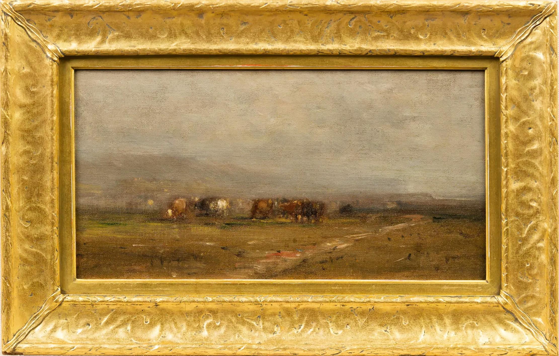 Antico dipinto a olio panoramico americano della Hudson River School con mucca al pascolo incorniciato - Painting di Unknown