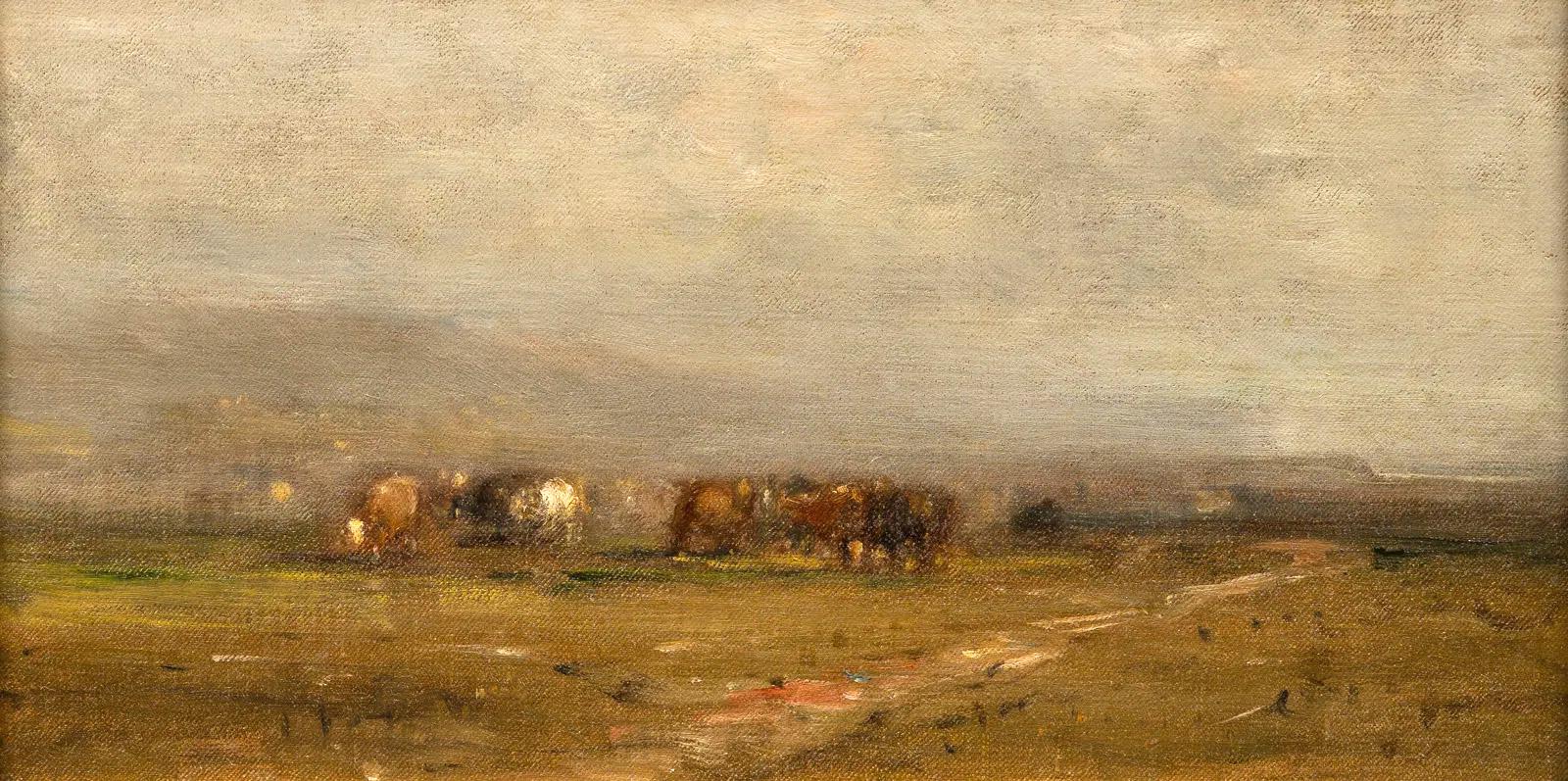 Antico dipinto a olio panoramico americano della Hudson River School con mucca al pascolo incorniciato - Animal Painting Marrone di Unknown