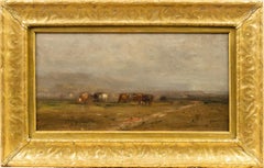 Antico dipinto a olio panoramico americano della Hudson River School con mucca al pascolo incorniciato