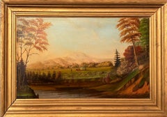 Antique American Pastoral Hudson River Painting Farm Oxen 1890 19th Century Rare