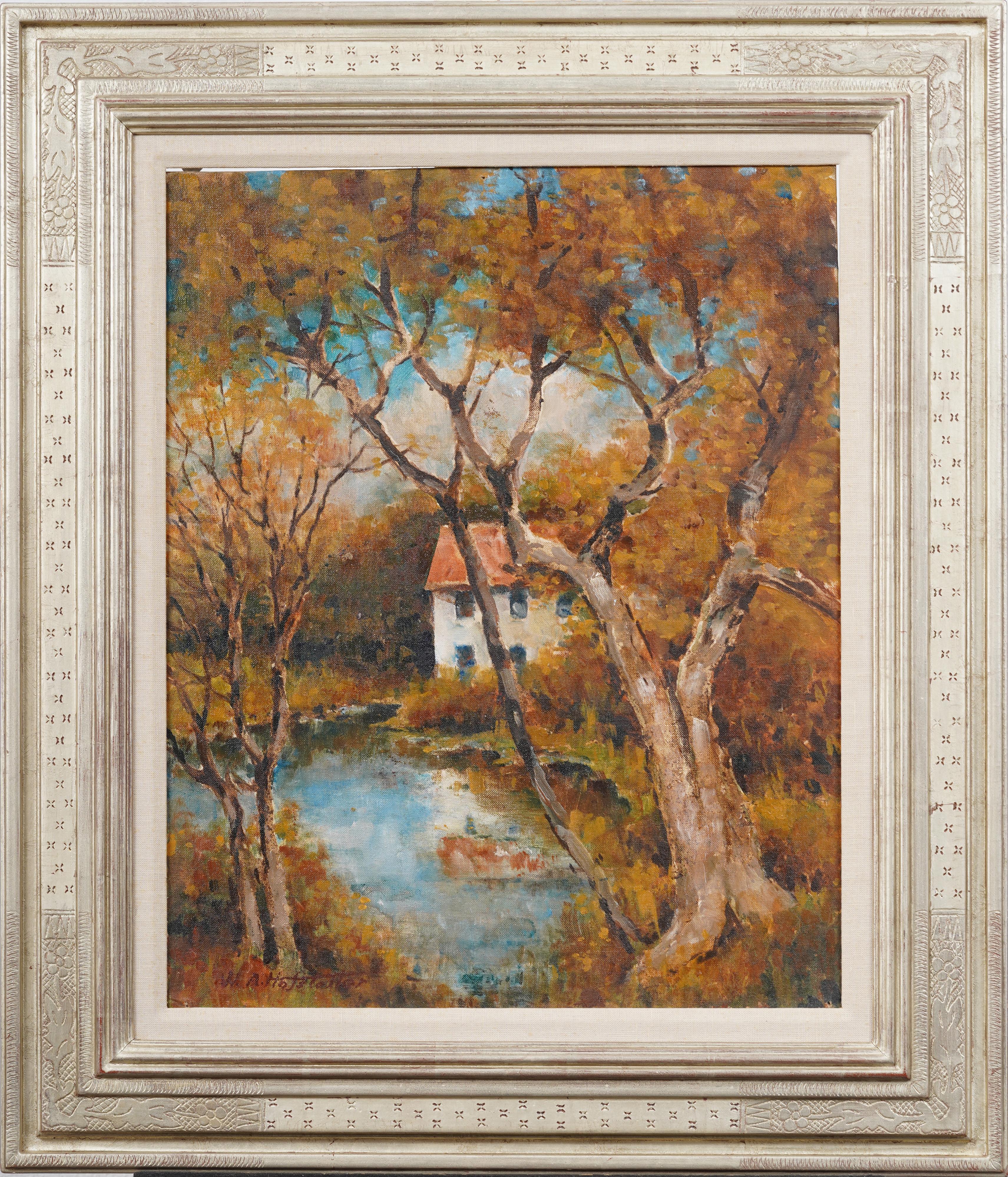 Antique American Pennsylvania Impressionist Landscape Signed Framed Oil Painting - Brown Landscape Painting by Unknown