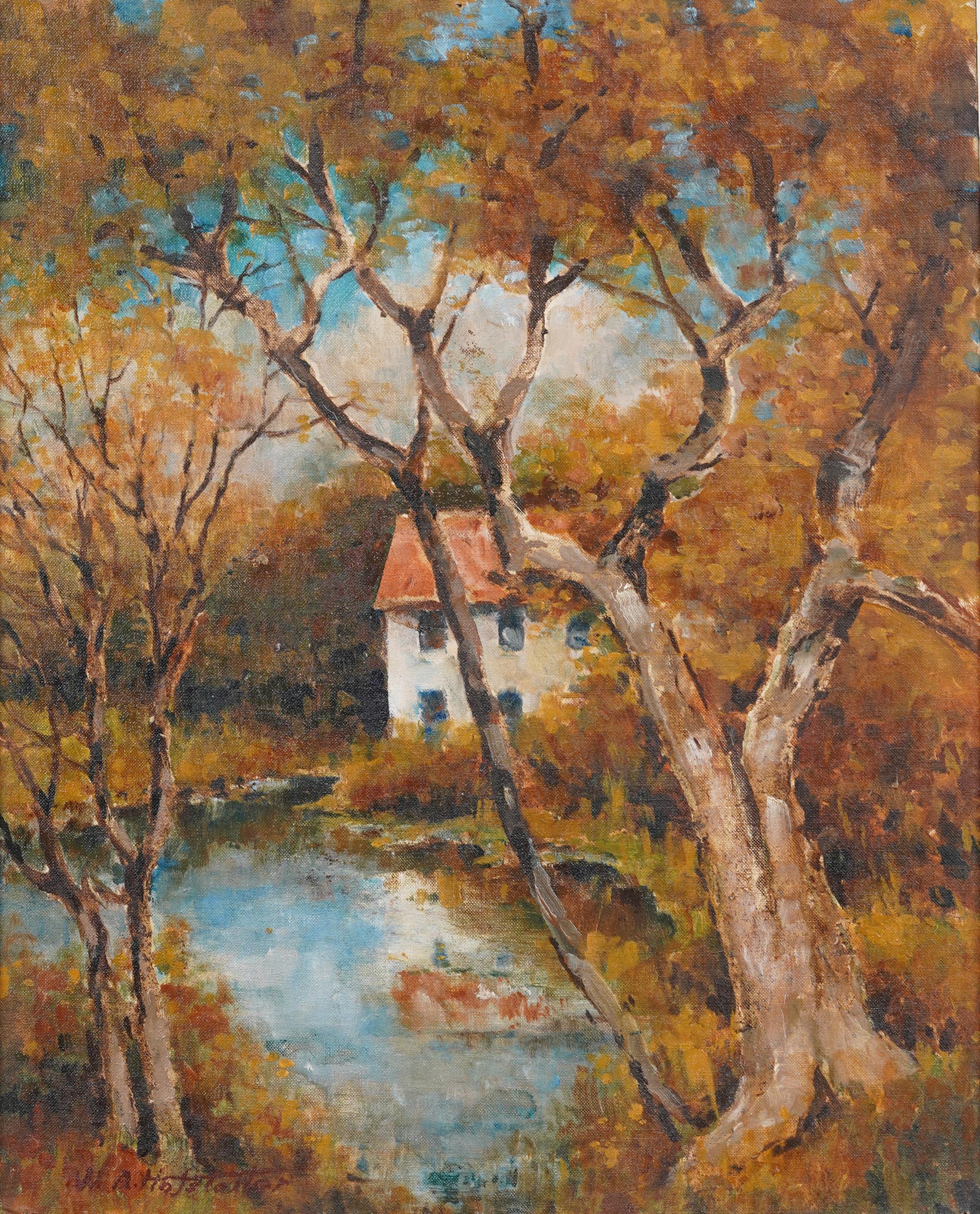 Antique American impressionist landscape painting.  Nicely painted and in excellent condition.  Housed in a valuable hand carved silver frame.  Signed illegibly.  Oil on board.  Measuring 16