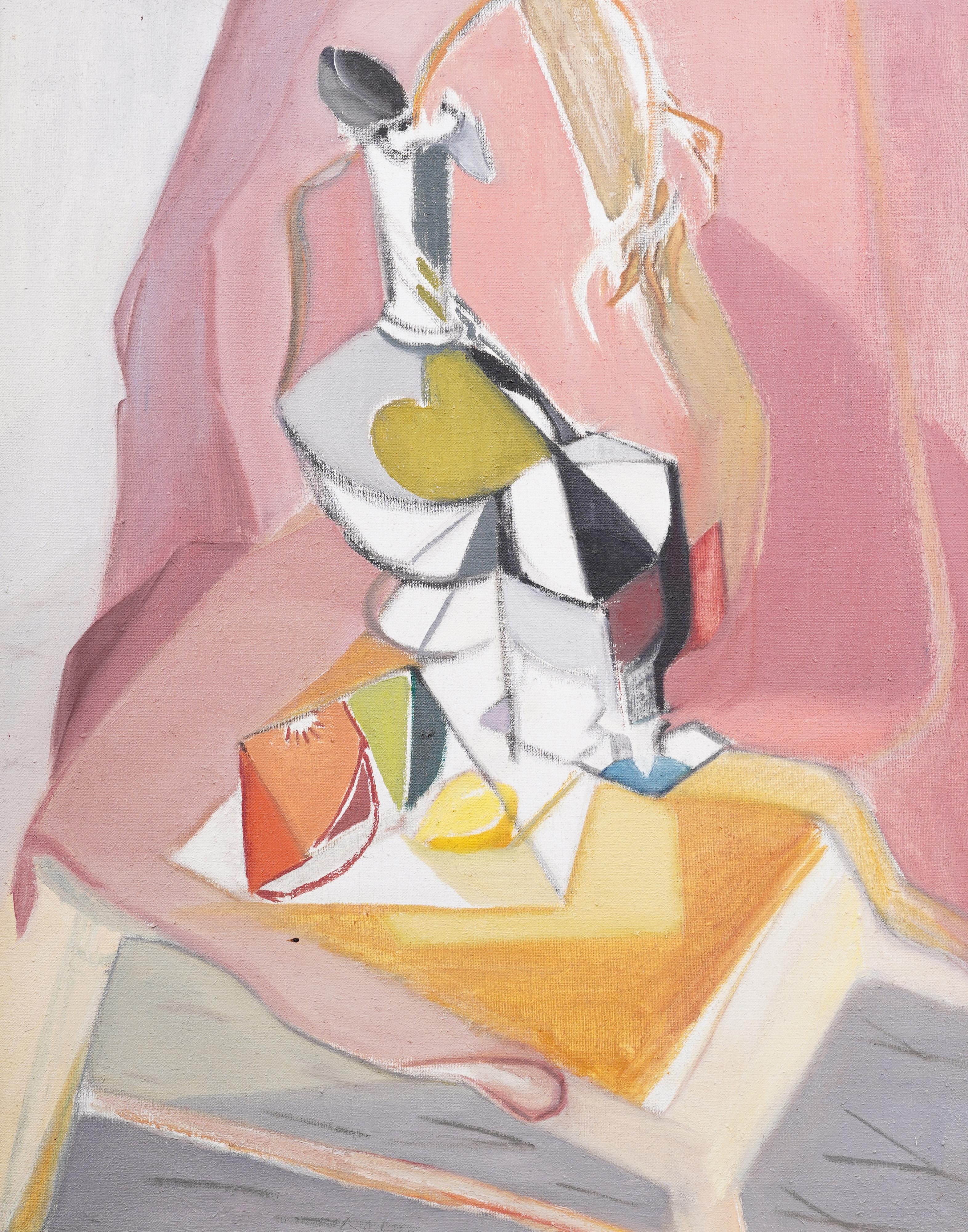 Antikes amerikanisches rosa kubistisches Stillleben, abstraktes Interieurgemälde, gerahmt, Ölgemälde (Kubismus), Painting, von Unknown