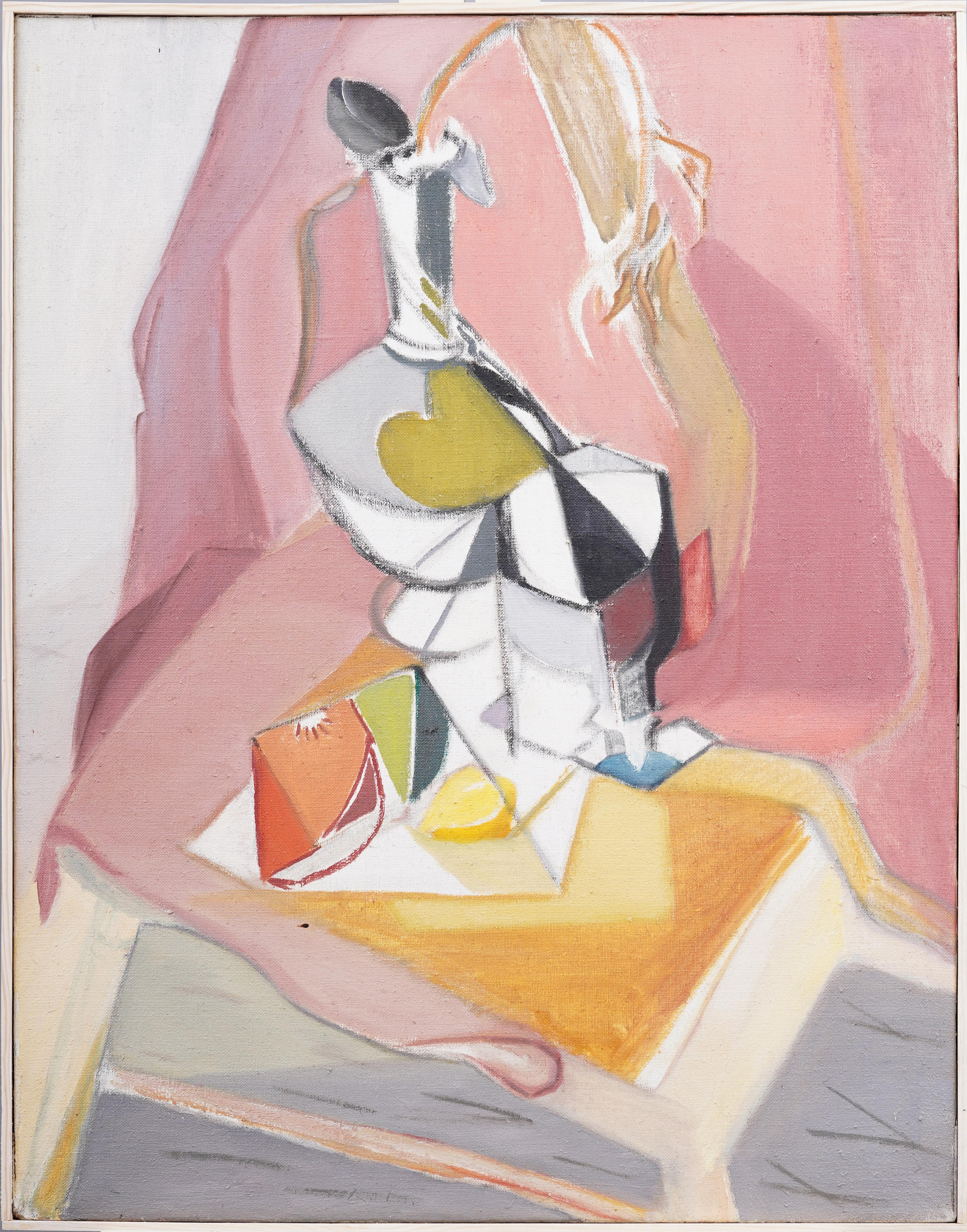 Unknown Abstract Painting – Antikes amerikanisches rosa kubistisches Stillleben, abstraktes Interieurgemälde, gerahmt, Ölgemälde