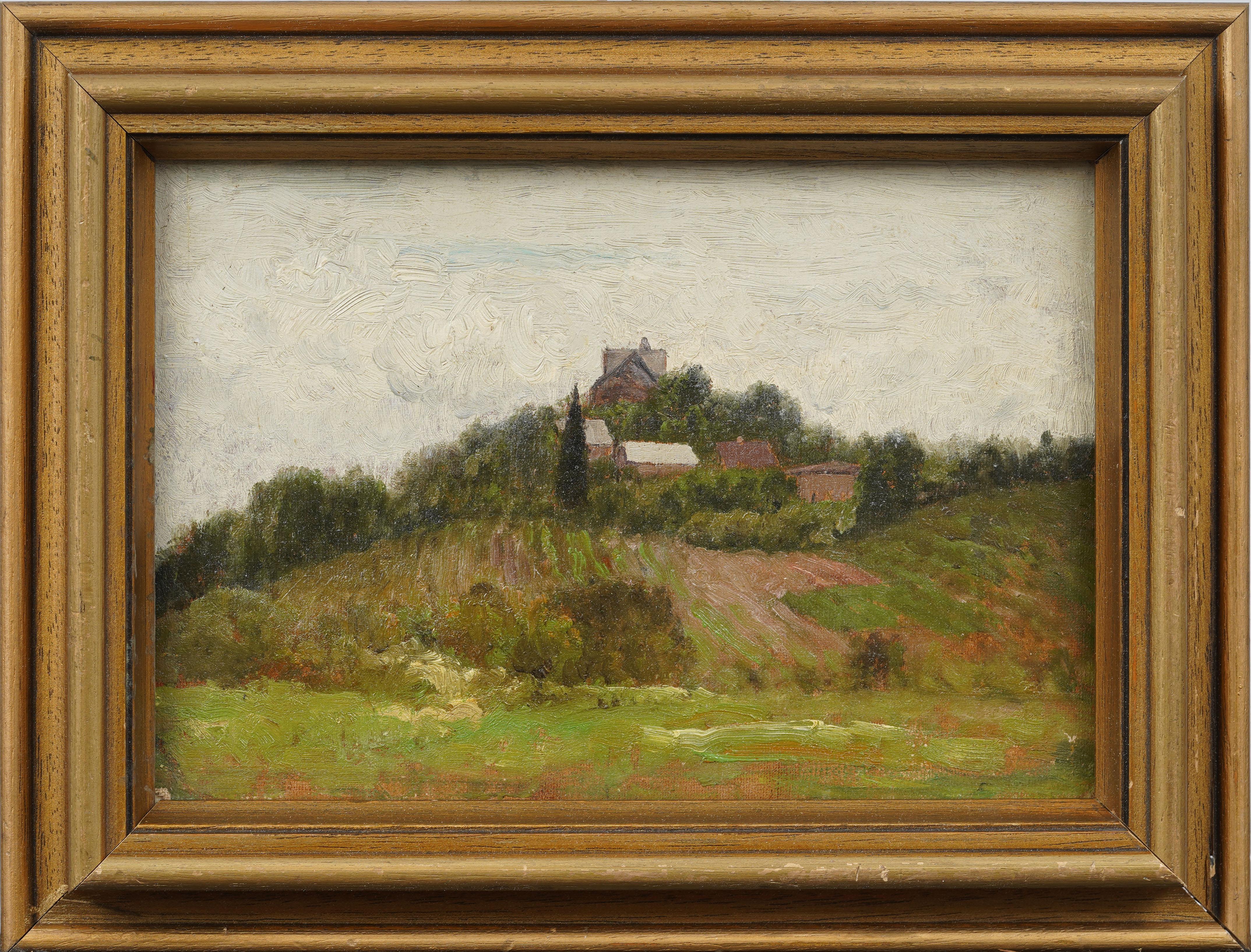 Antique American Plein Aire Framed Landscape Original New England Oil Painting - Brown Landscape Painting by Unknown
