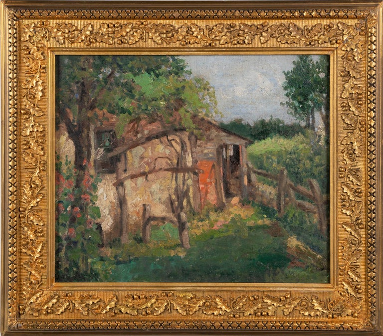 Antique American Plein Aire Impressionist Farm Landscape Framed Oil Painting - Brown Landscape Painting by Unknown
