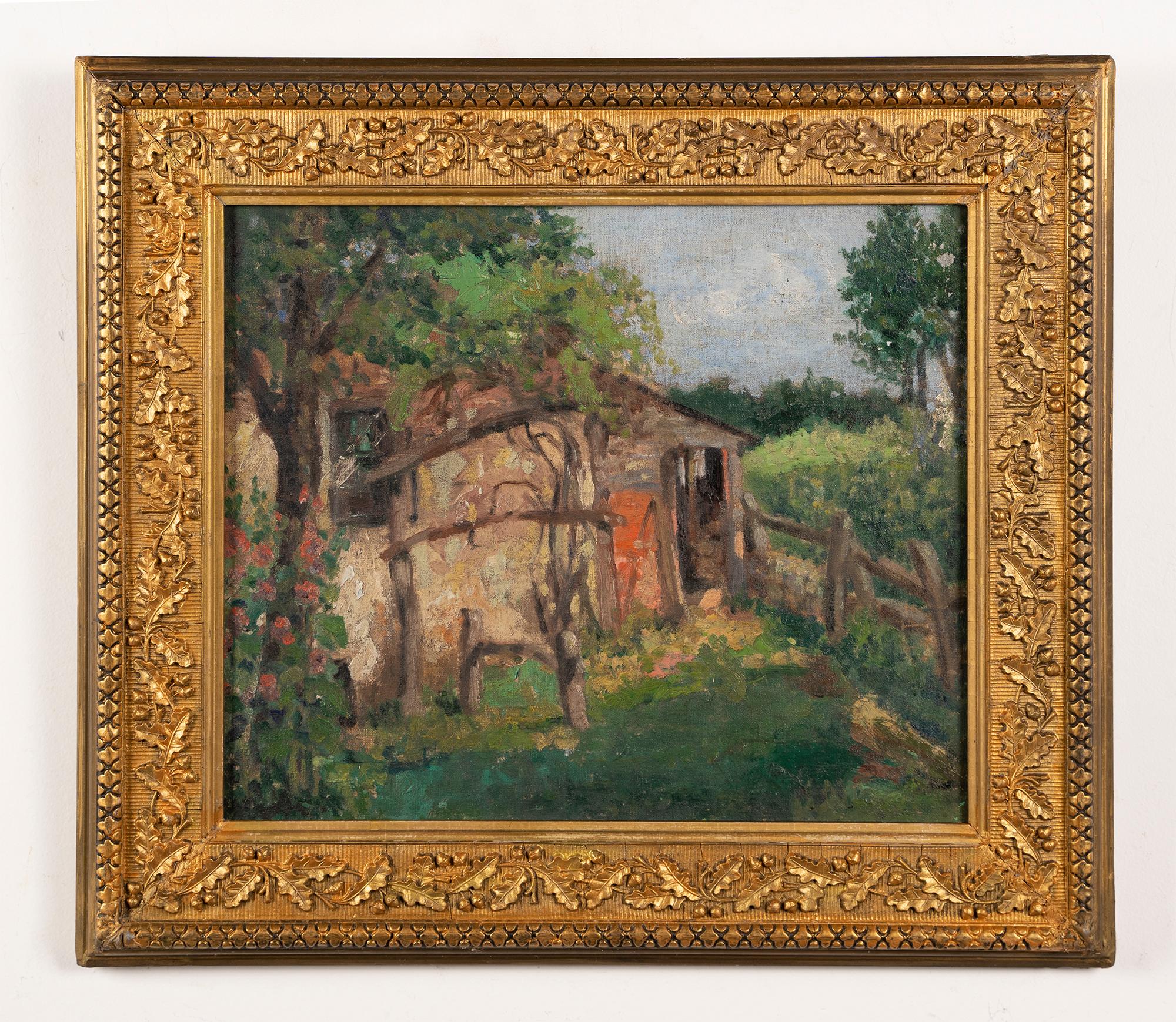 Antique American Plein Aire Impressionist Farm Landscape Framed Oil Painting - Brown Landscape Painting by Unknown