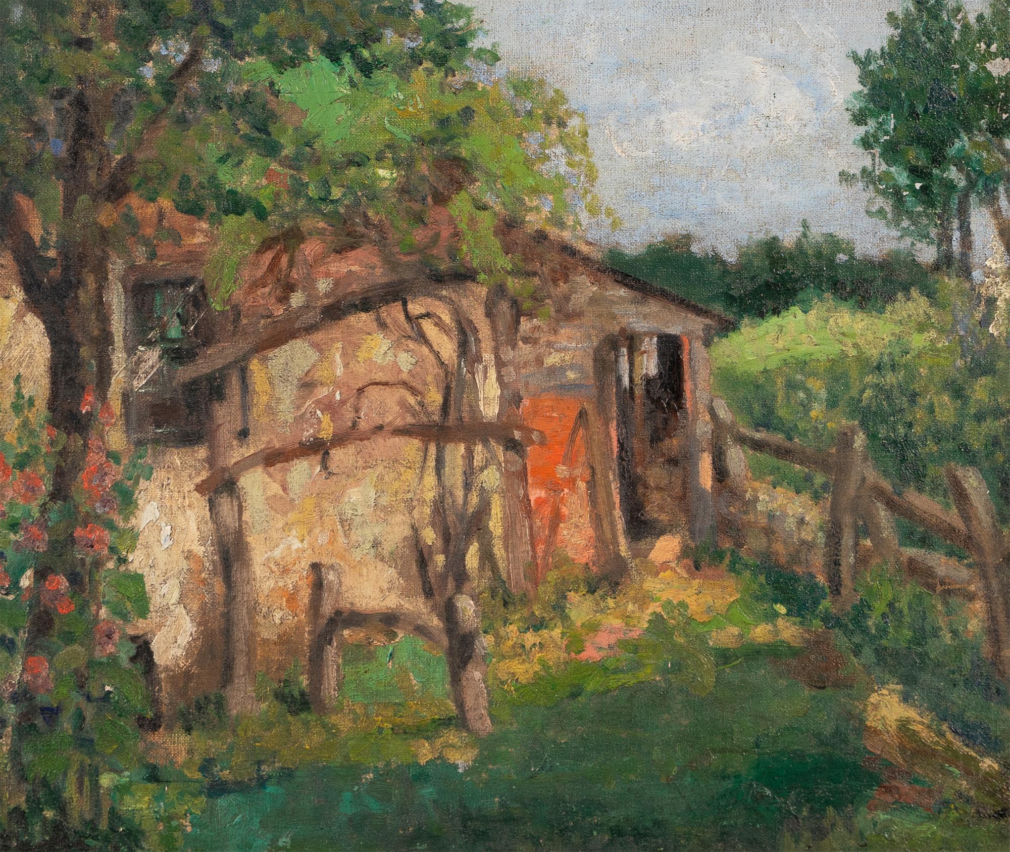 Ancienne peinture à l'huile américaine impressionniste encadrée, paysage de ferme en plein air - Marron Landscape Painting par Unknown