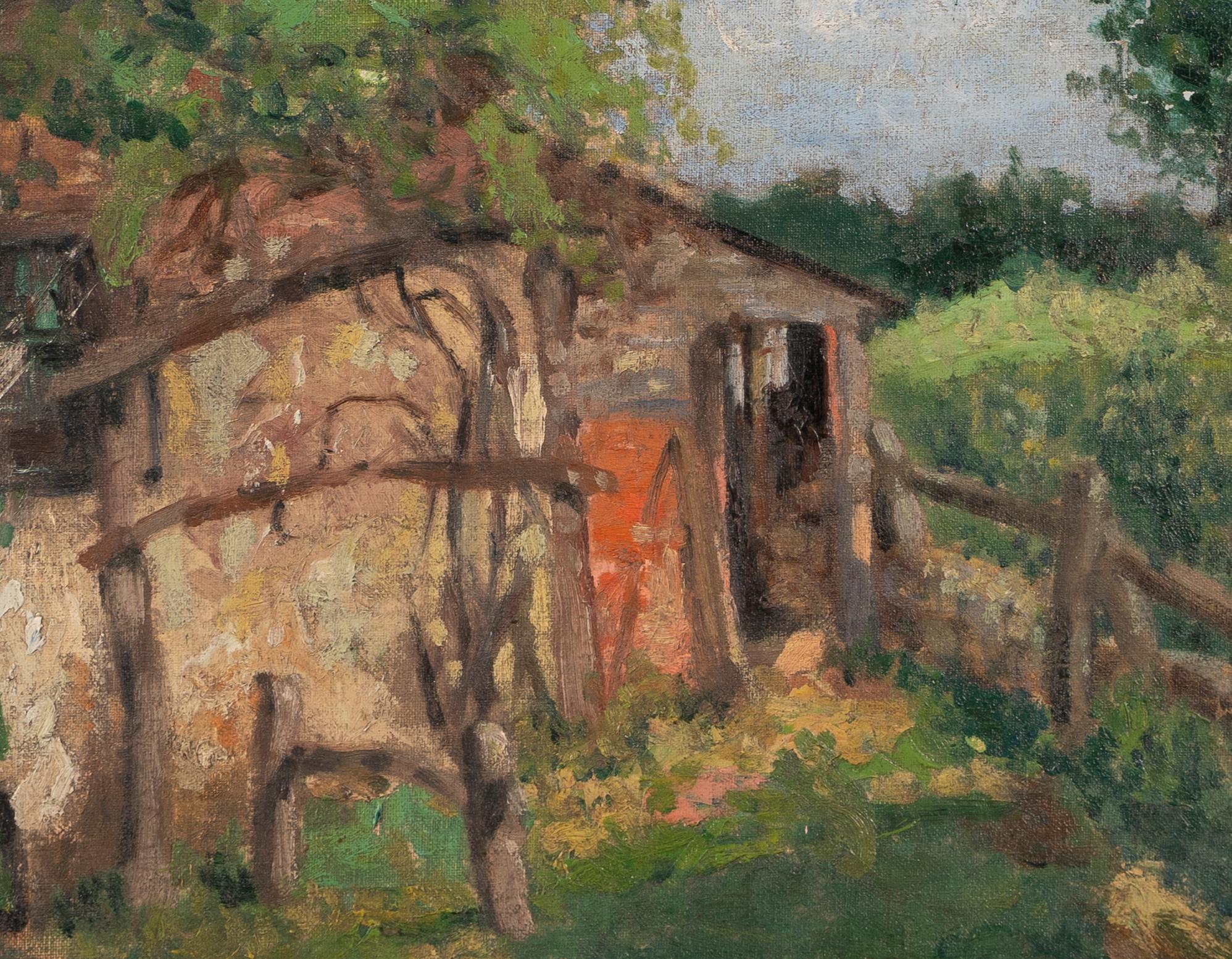 Antique American impressionist  landscape oil painting.  Oil on board, circa 1920.  Non signée.  Image size, 16L x 13H.  Housed in a period  frame.