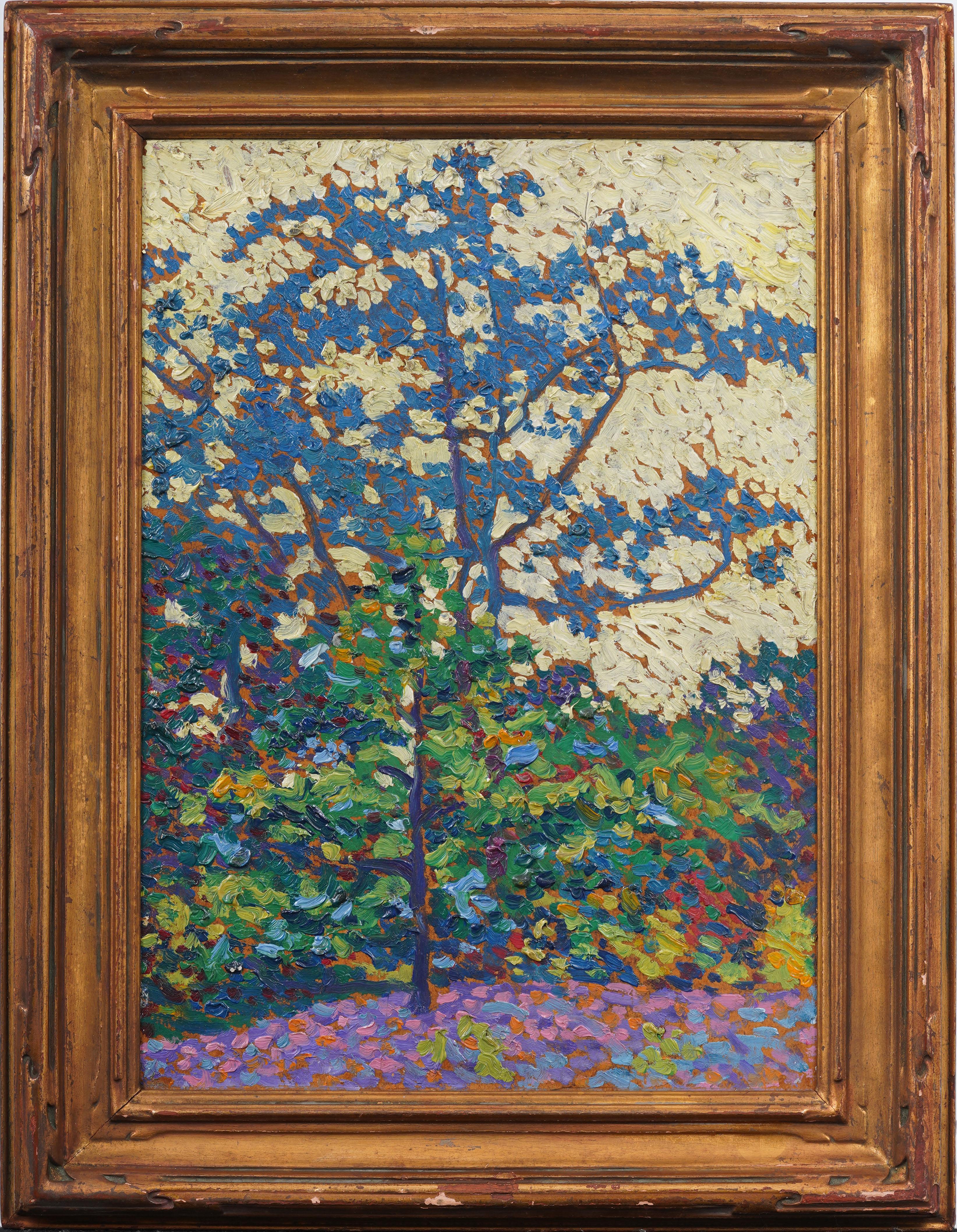 Antike amerikanische Pointillist Landschaft Giltwood Gerahmt Fauvist Seltene Ölgemälde – Painting von Unknown
