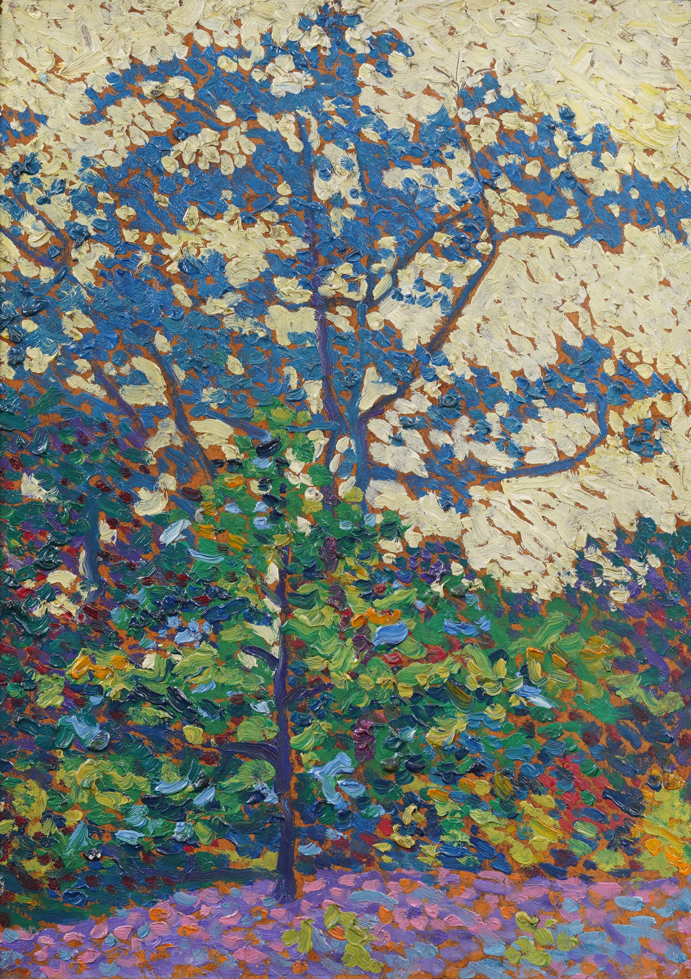 Antike amerikanische Pointillist Landschaft Giltwood Gerahmt Fauvist Seltene Ölgemälde (Abstrakter Expressionismus), Painting, von Unknown