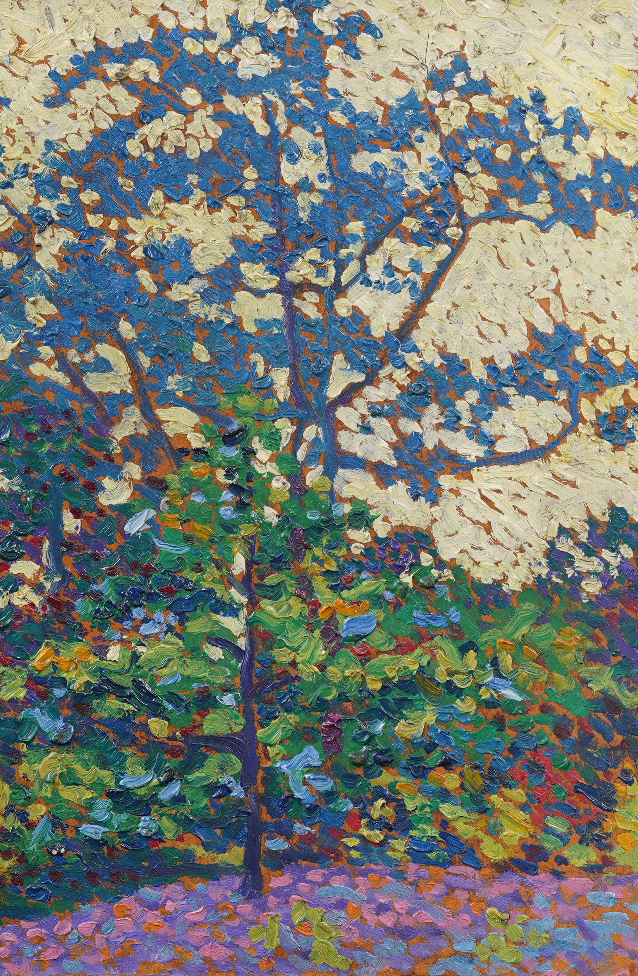 Antike amerikanische Pointillist Landschaft Giltwood Gerahmt Fauvist Seltene Ölgemälde (Braun), Landscape Painting, von Unknown