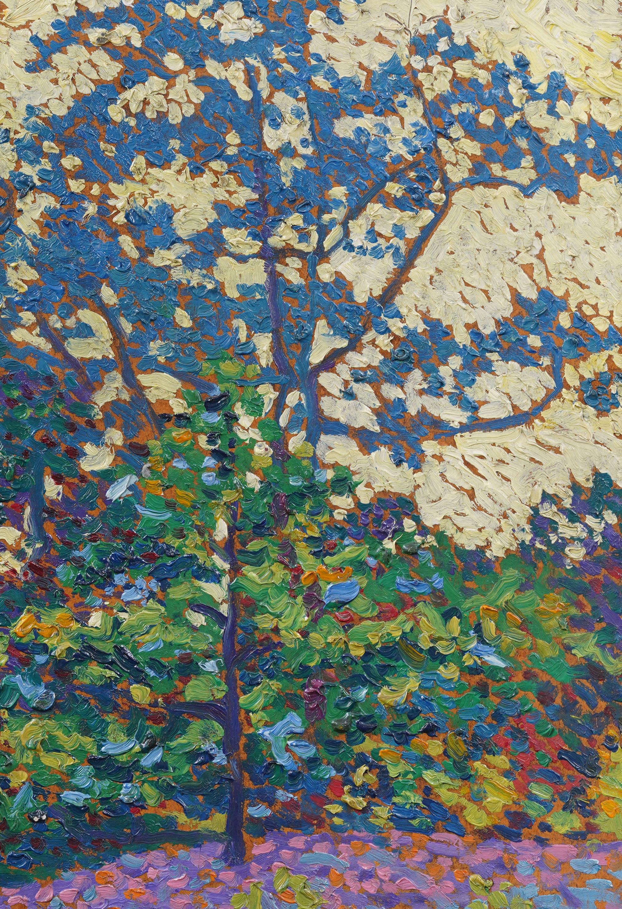 Vintage American modernist abstrakte Landschaft Ölgemälde. Öl auf Karton. Gerahmt. Messen: 14 von 18 Zoll insgesamt, und 10 von 14 Malerei allein.  In ausgezeichnetem Originalzustand. Hübsch gerahmt in breiten Goldholzleisten.  Ausgezeichneter