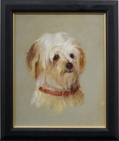 Antique American Puppy Dog Portrait Framed Original  Oil Painting
