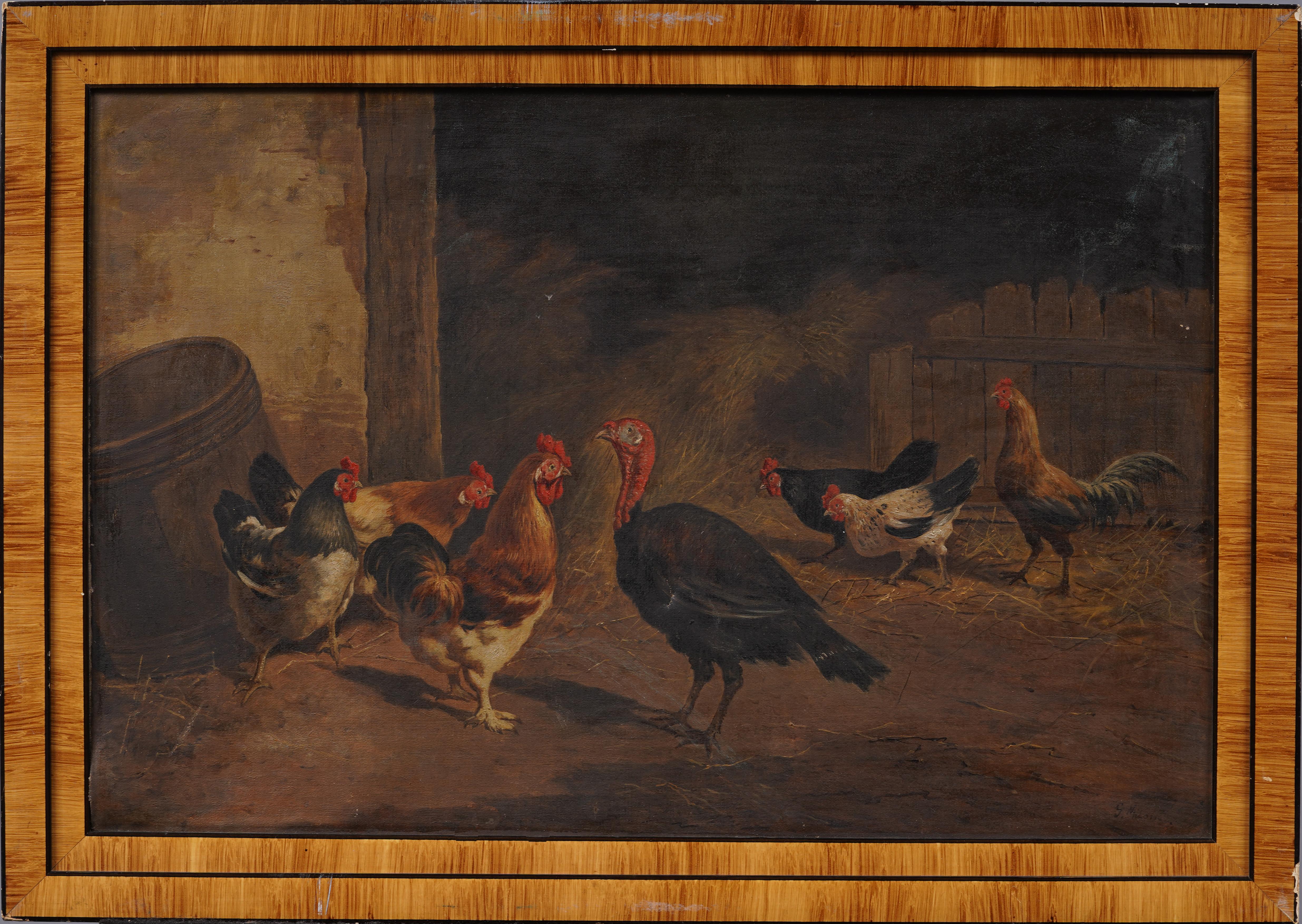 Antique American Realist Animal Portrait Framed Turkey Barn Signed Oil Painting - Black Animal Painting by Unknown