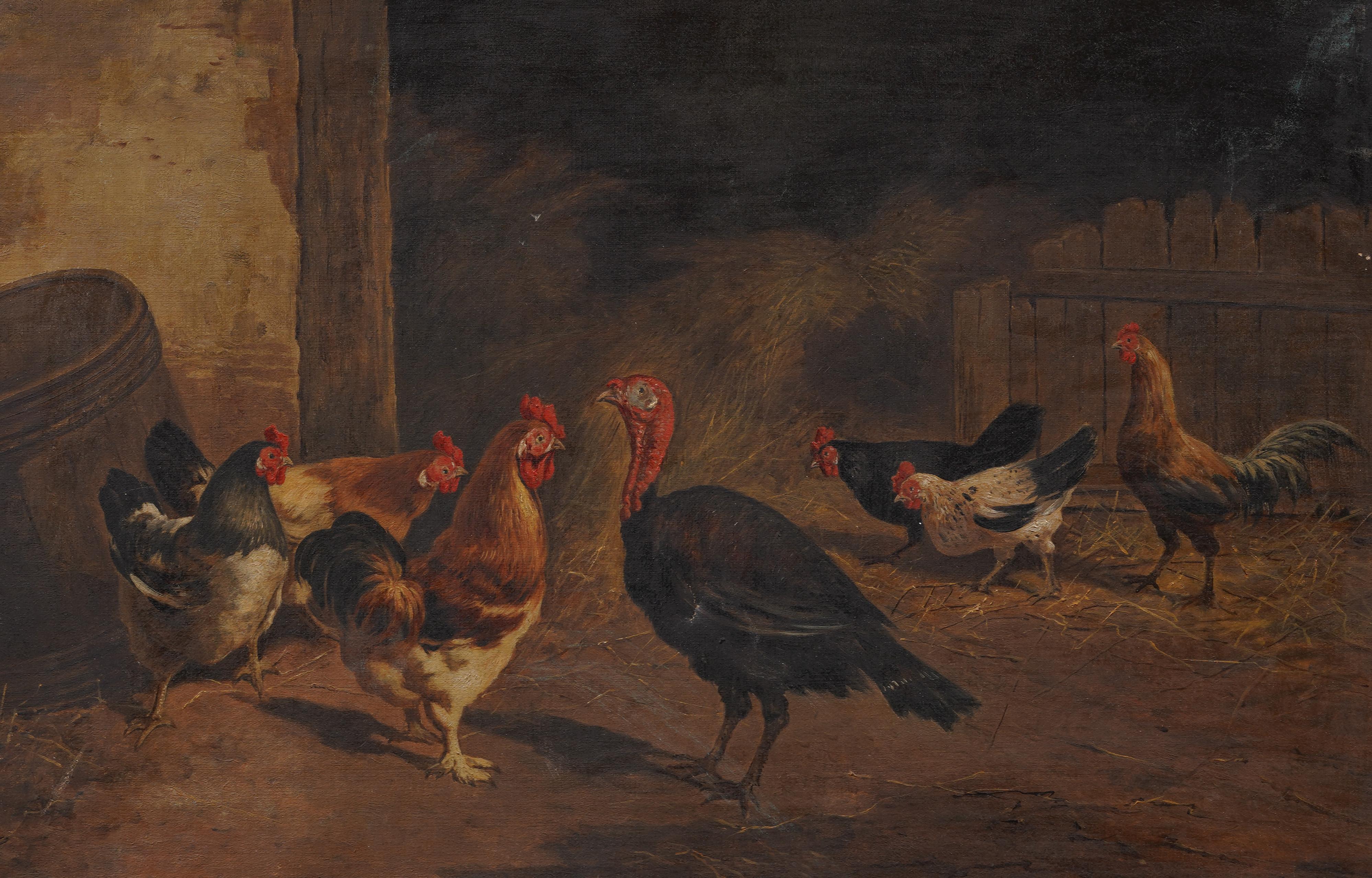 Antique American Realist Animal Portrait Framed Turkey Barn Signed Oil Painting 1