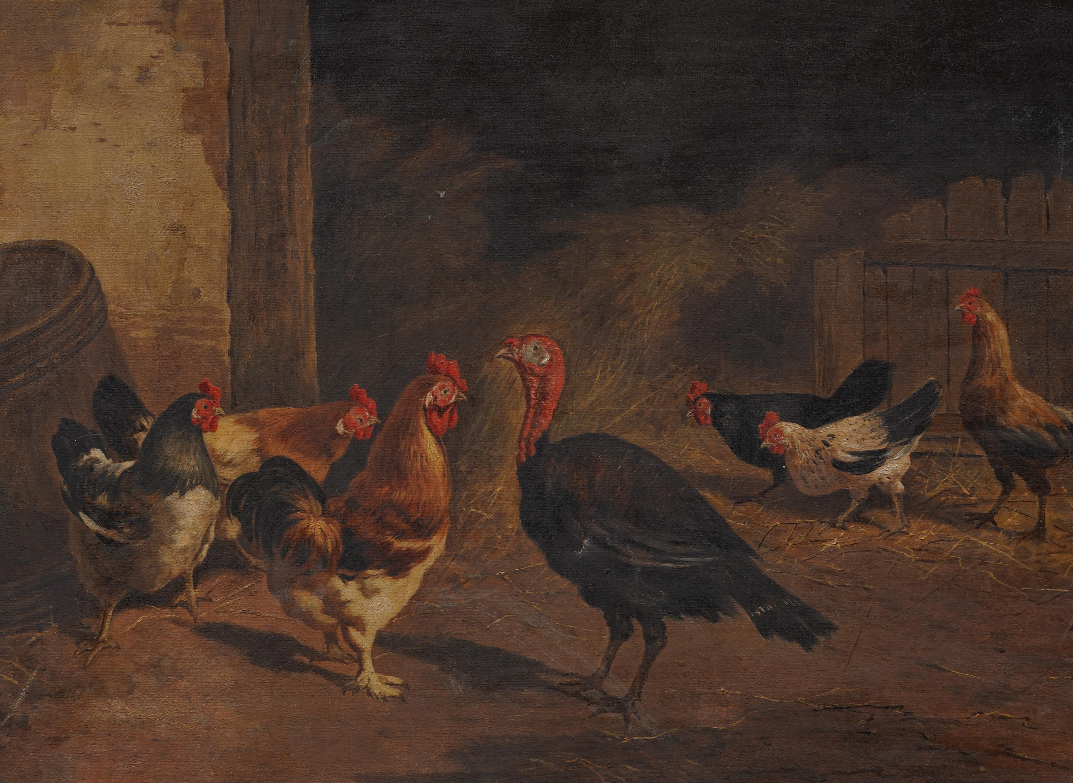 Antique American Realist Animal Portrait Framed Turkey Barn Signed Oil Painting 2