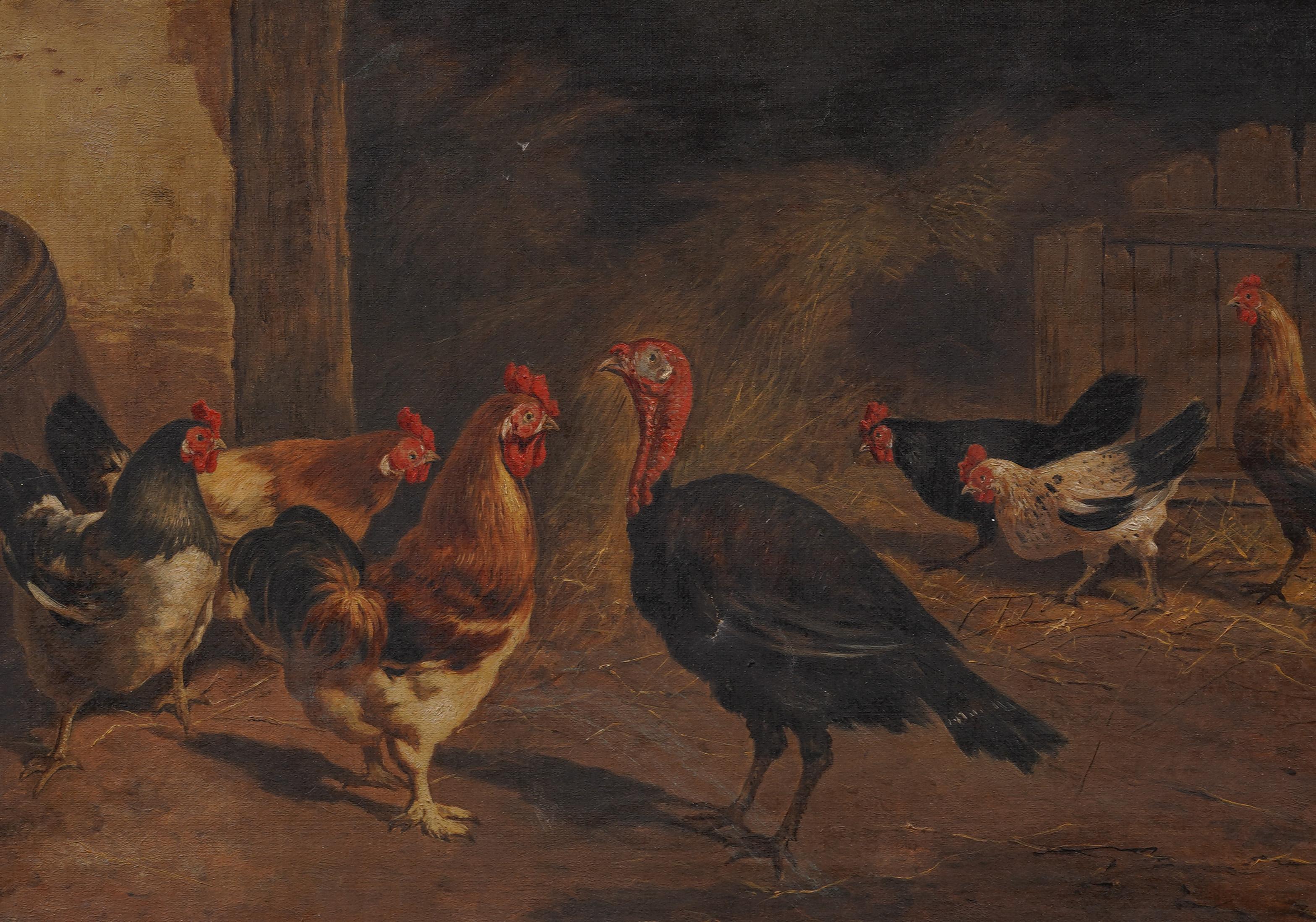 Antique American Realist Animal Portrait Framed Turkey Barn Signed Oil Painting 3